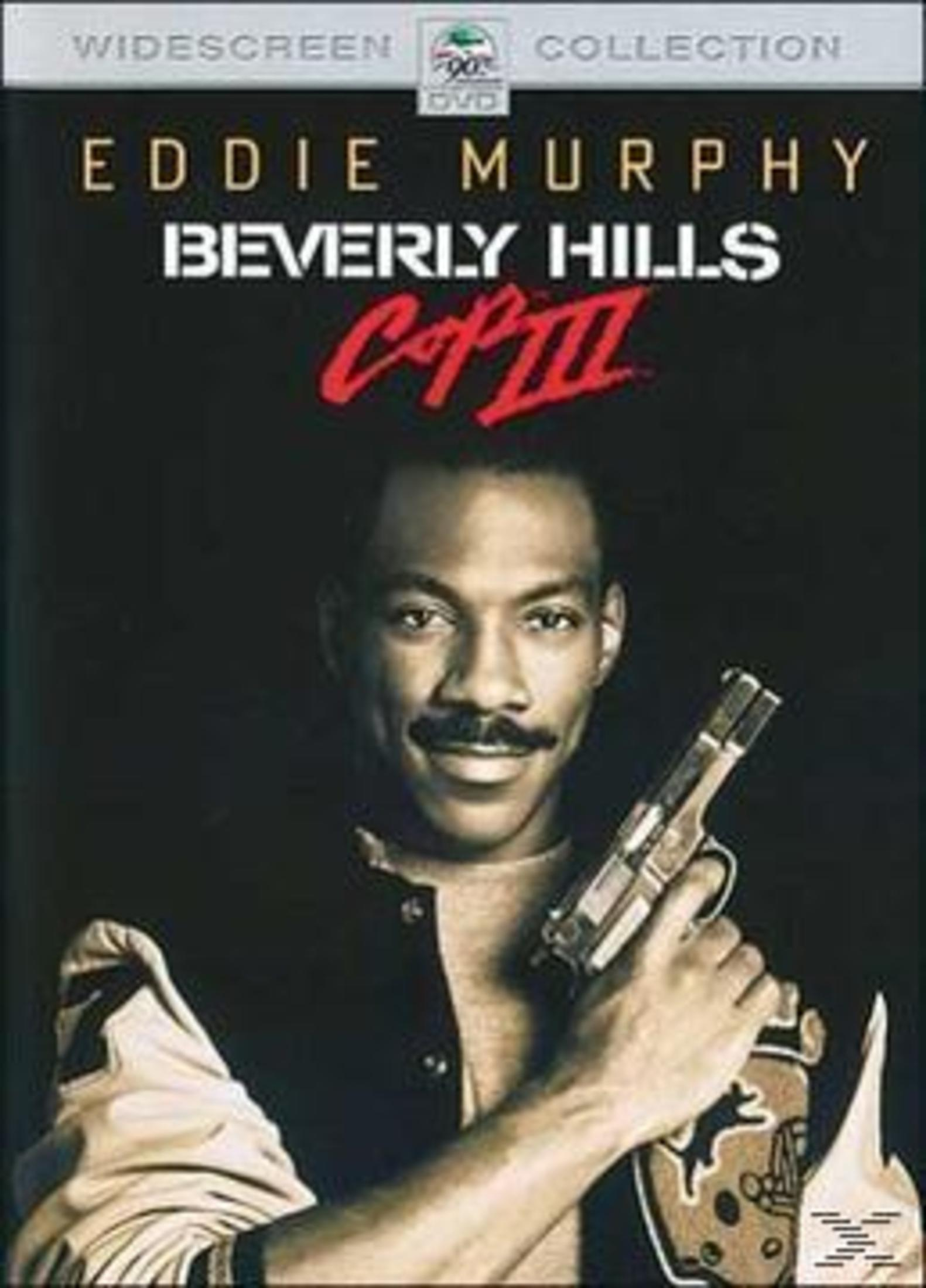 Eddie Murphy lächelt und hält auf dem DVD-Cover von Beverly Hills Cop III eine Waffe.