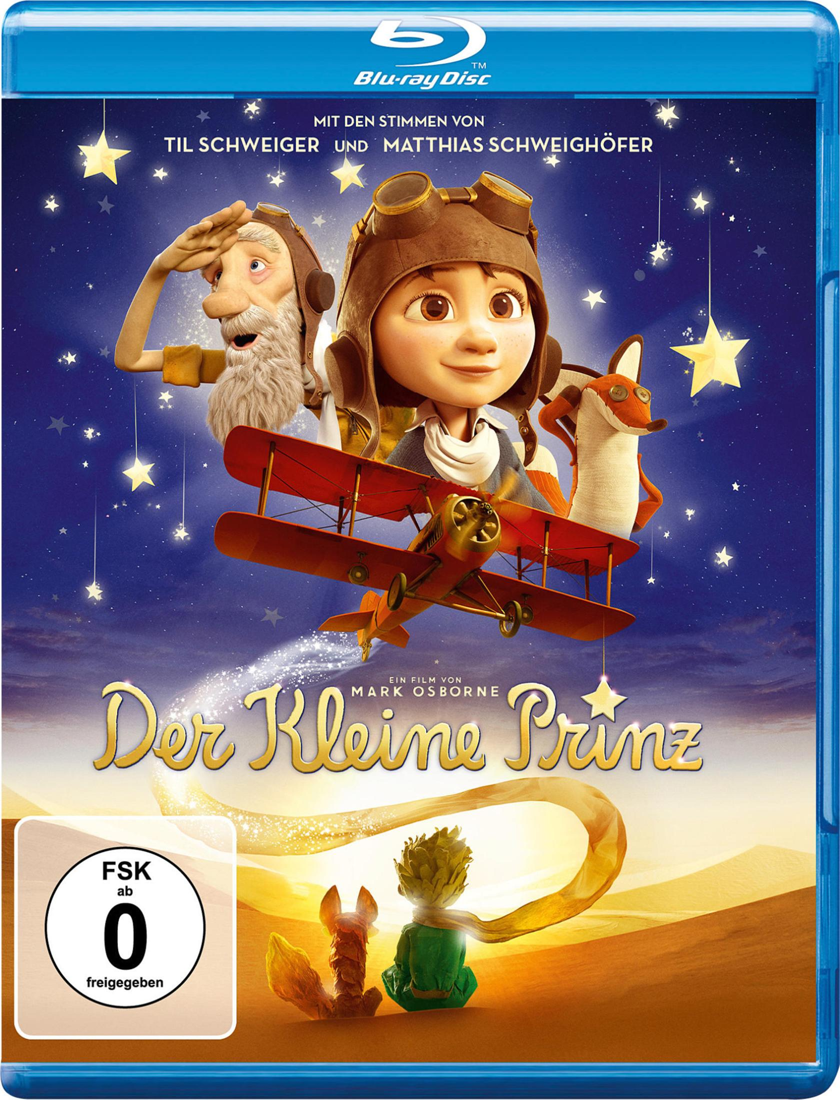 Blu-ray-Cover von Der Kleine Prinz mit fliegenden Charakteren vor einem Sternenhimmel.