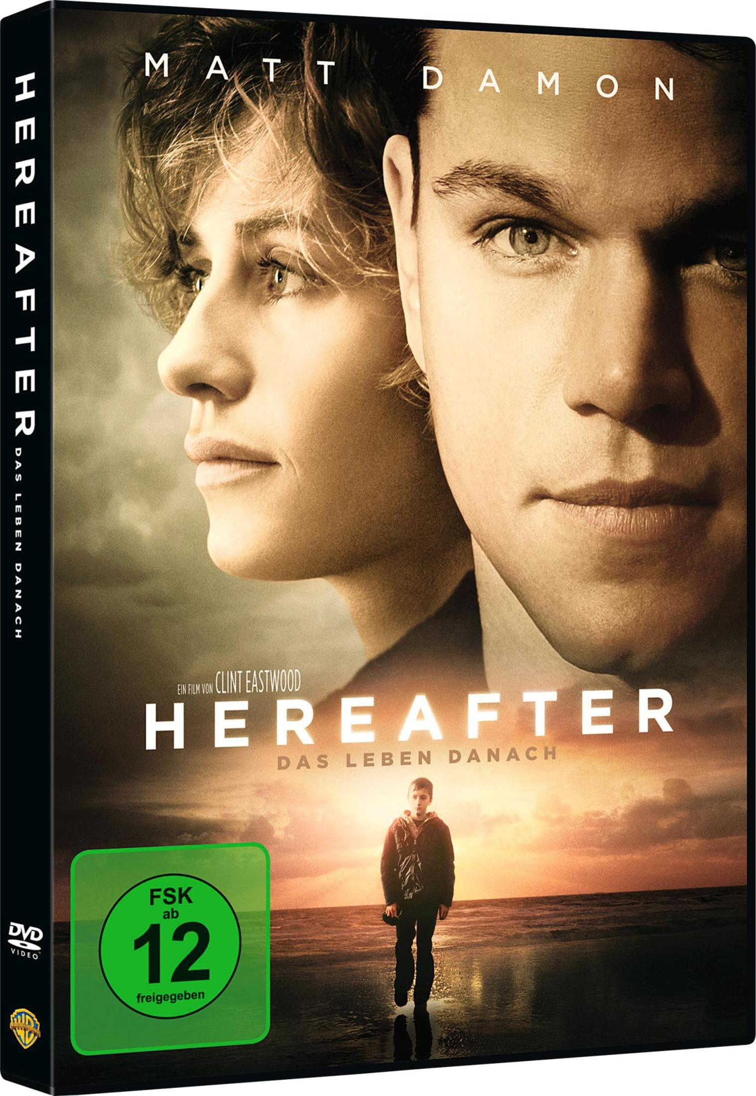 DVD-Cover des Films Hereafter mit Matt Damon und einer Frau im Vordergrund, unten steht eine Person am Strand.