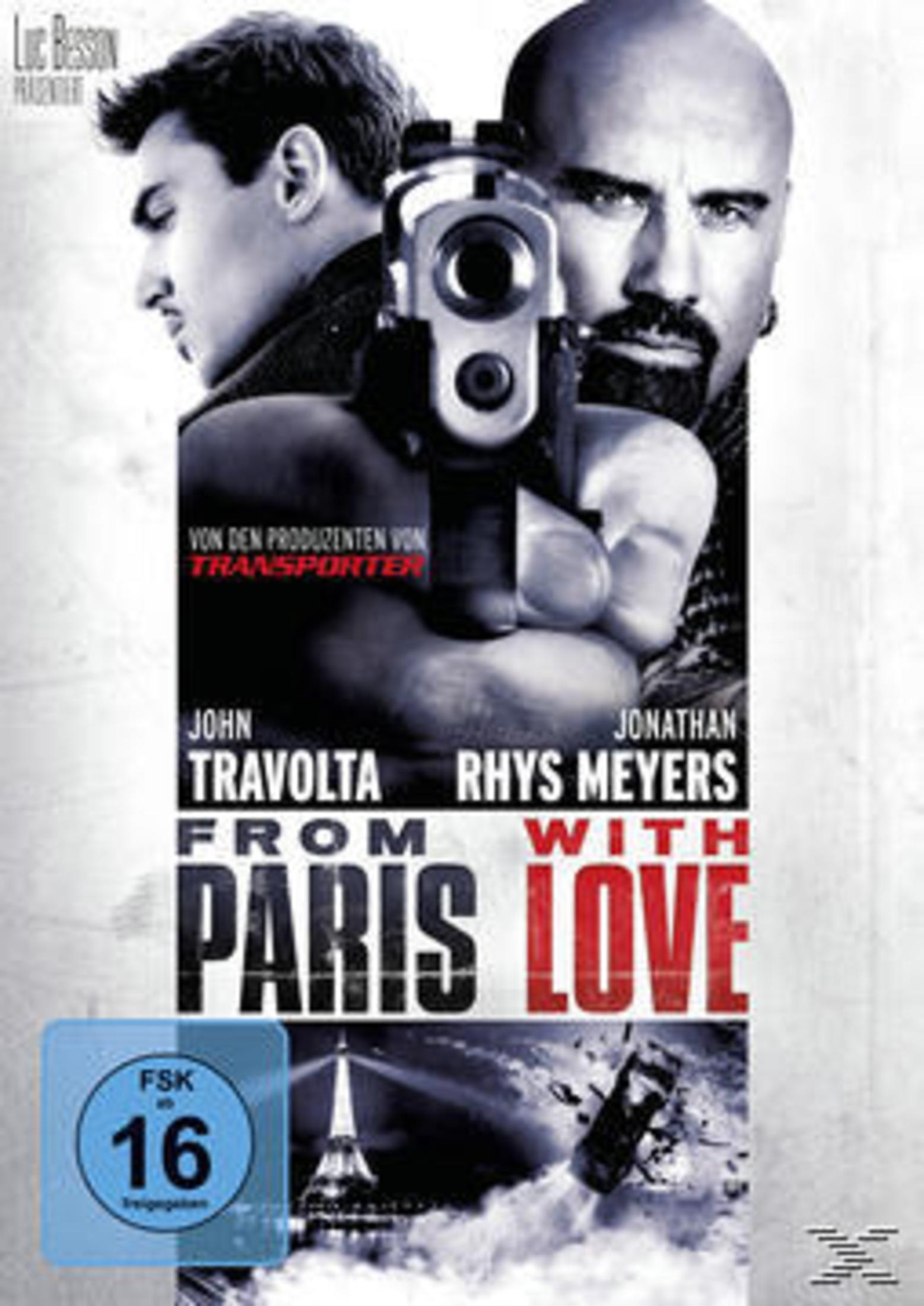 Filmposter "From Paris with Love" mit John Travolta und Jonathan Rhys Meyers, die eine Waffe halten.