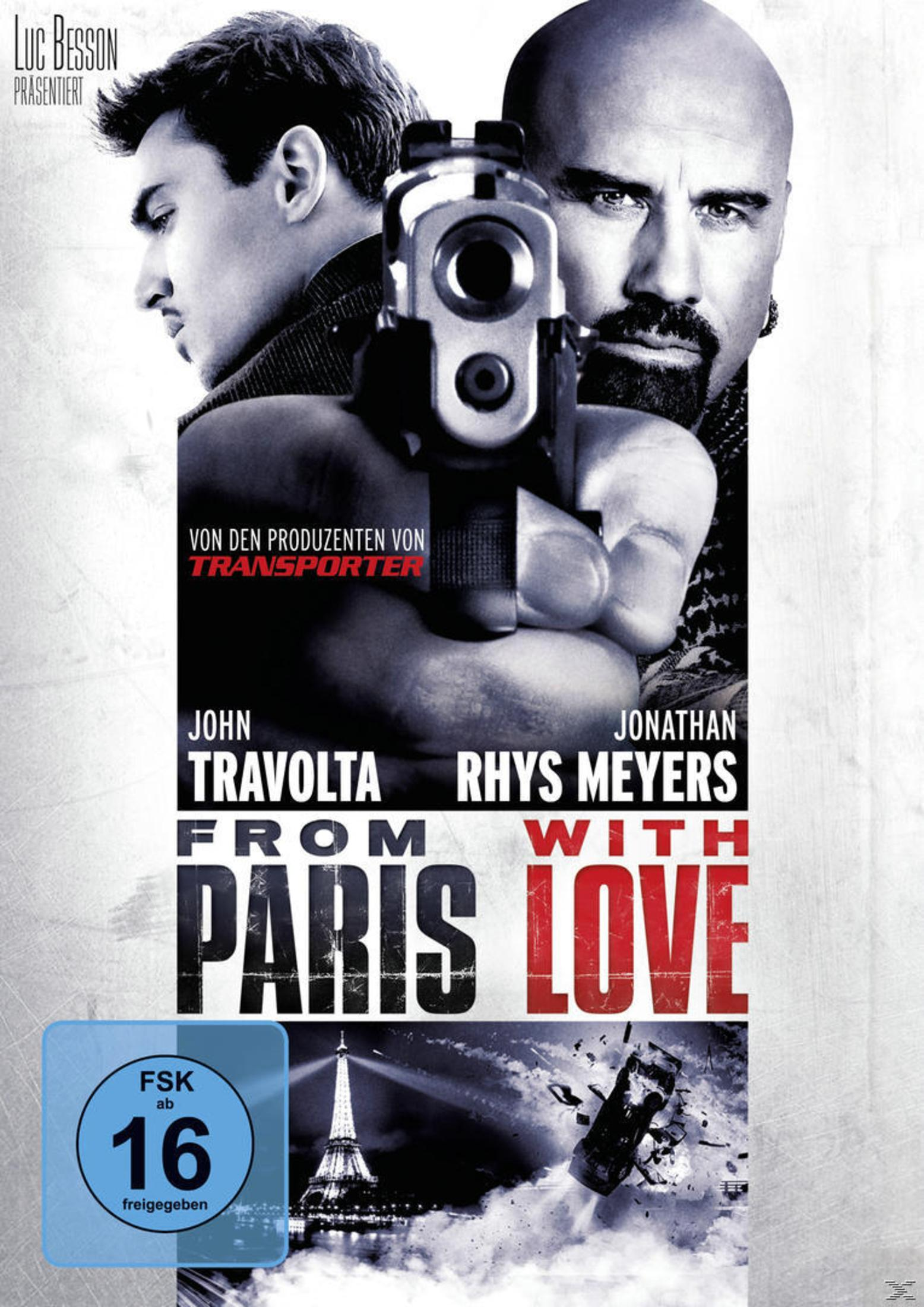 Filmposter von From Paris with Love mit John Travolta und Jonathan Rhys Meyers, die eine Waffe auf den Betrachter richten.