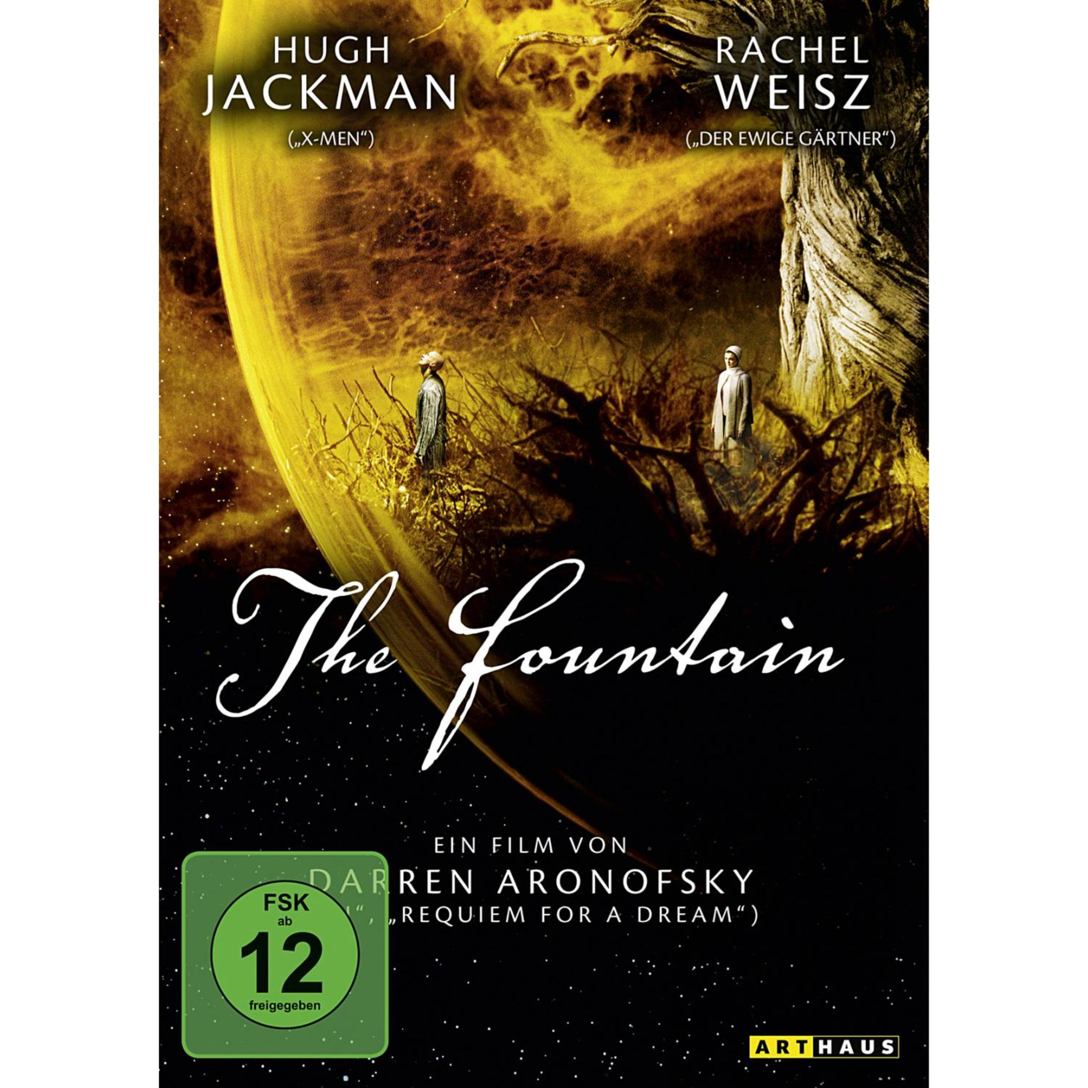 Filmposter zu Der Brunnen mit Hugh Jackman und Rachel Weisz vor einer kosmischen Hintergrund.
