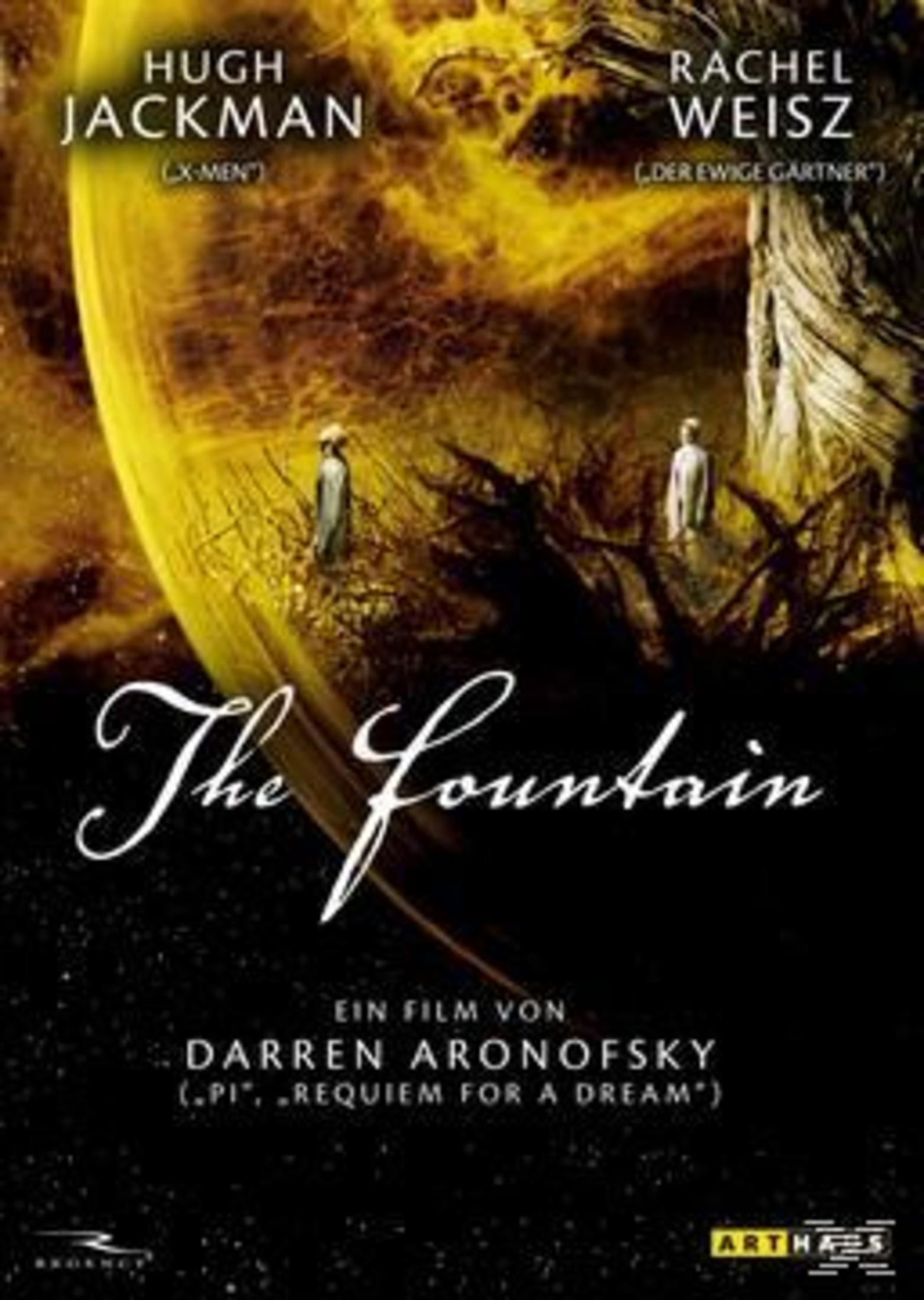 Filmplakat von The Fountain mit Hugh Jackman und Rachel Weisz vor einem goldenen Kosmos.
