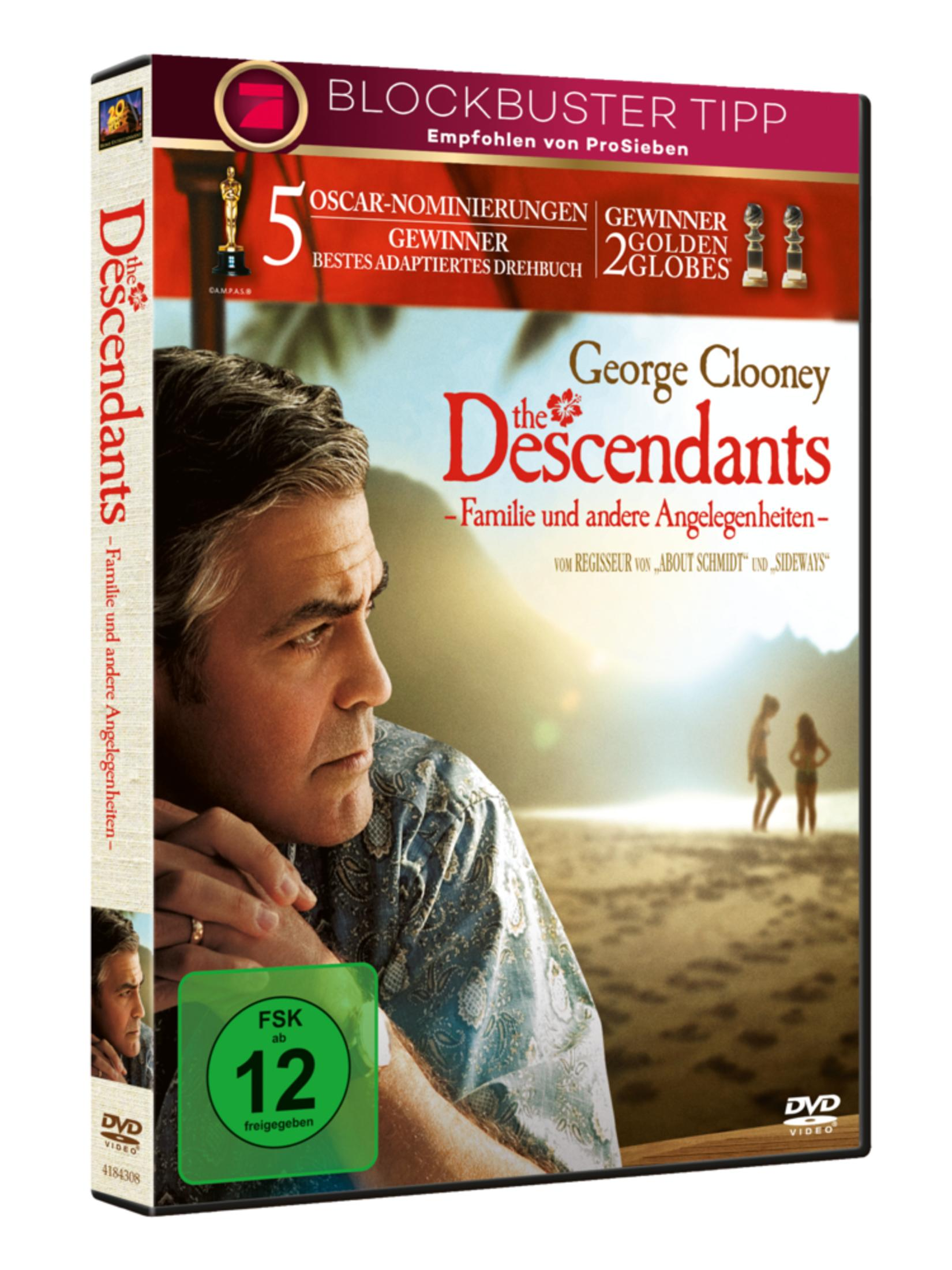 DVD-Hülle von Der Descendants mit George Clooney im Vordergrund und zwei Personen am Strand im Hintergrund.