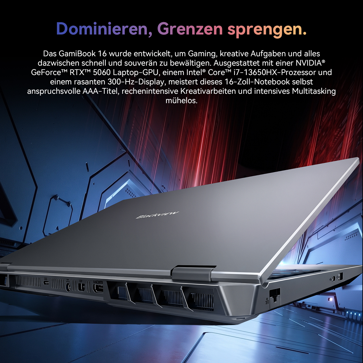 Un ordenador portátil plateado Blackview GamiBook 16 sobre un fondo futurista iluminado en rojo y azul.