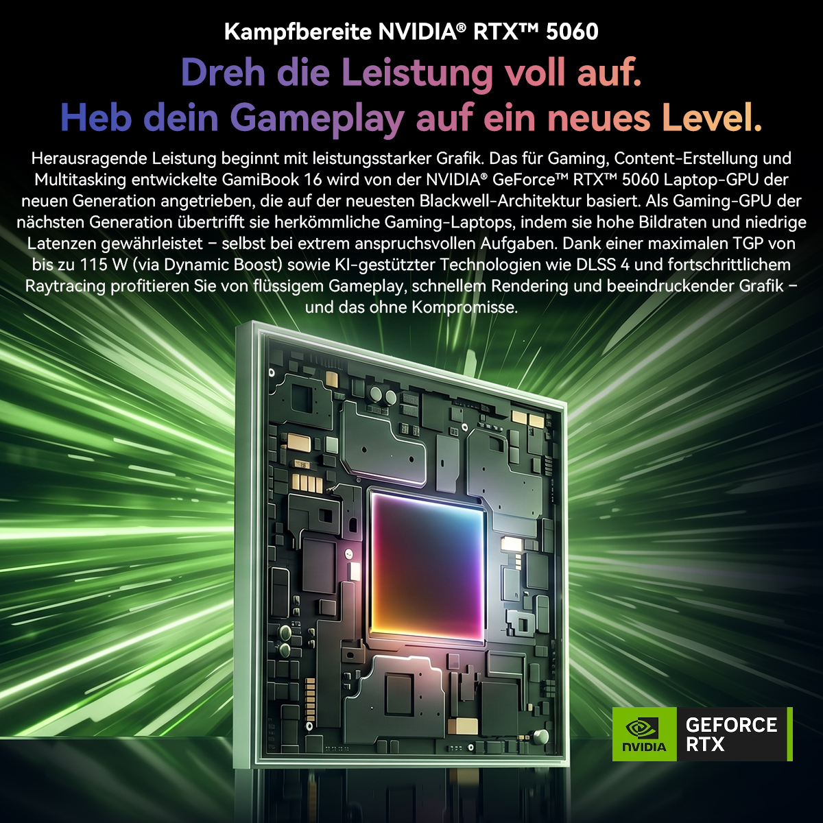 Chip NVIDIA GeForce RTX 5060 con fondo verde y texto.