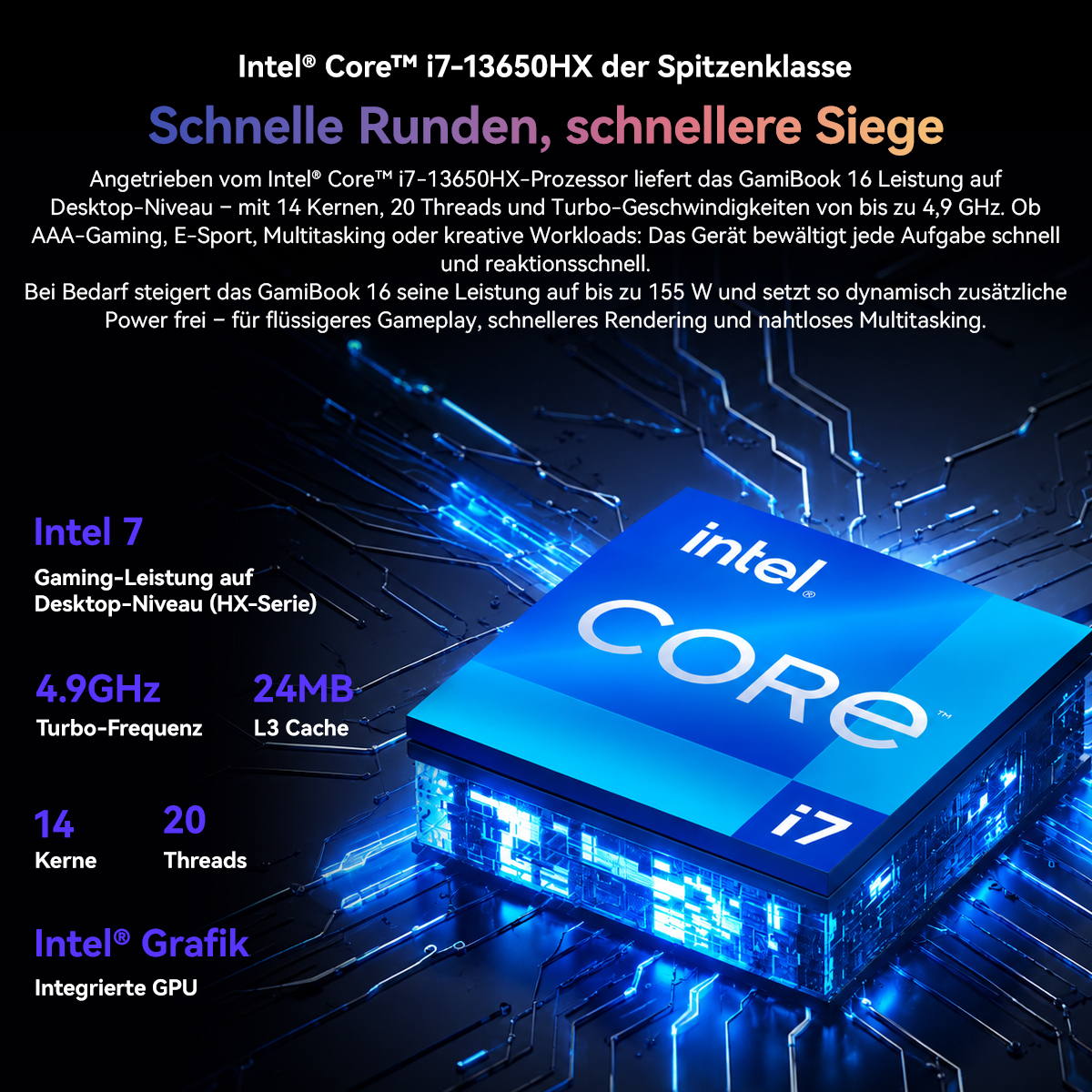 Procesador azul Intel Core i7 sobre placa de circuito brillante con detalles técnicos.