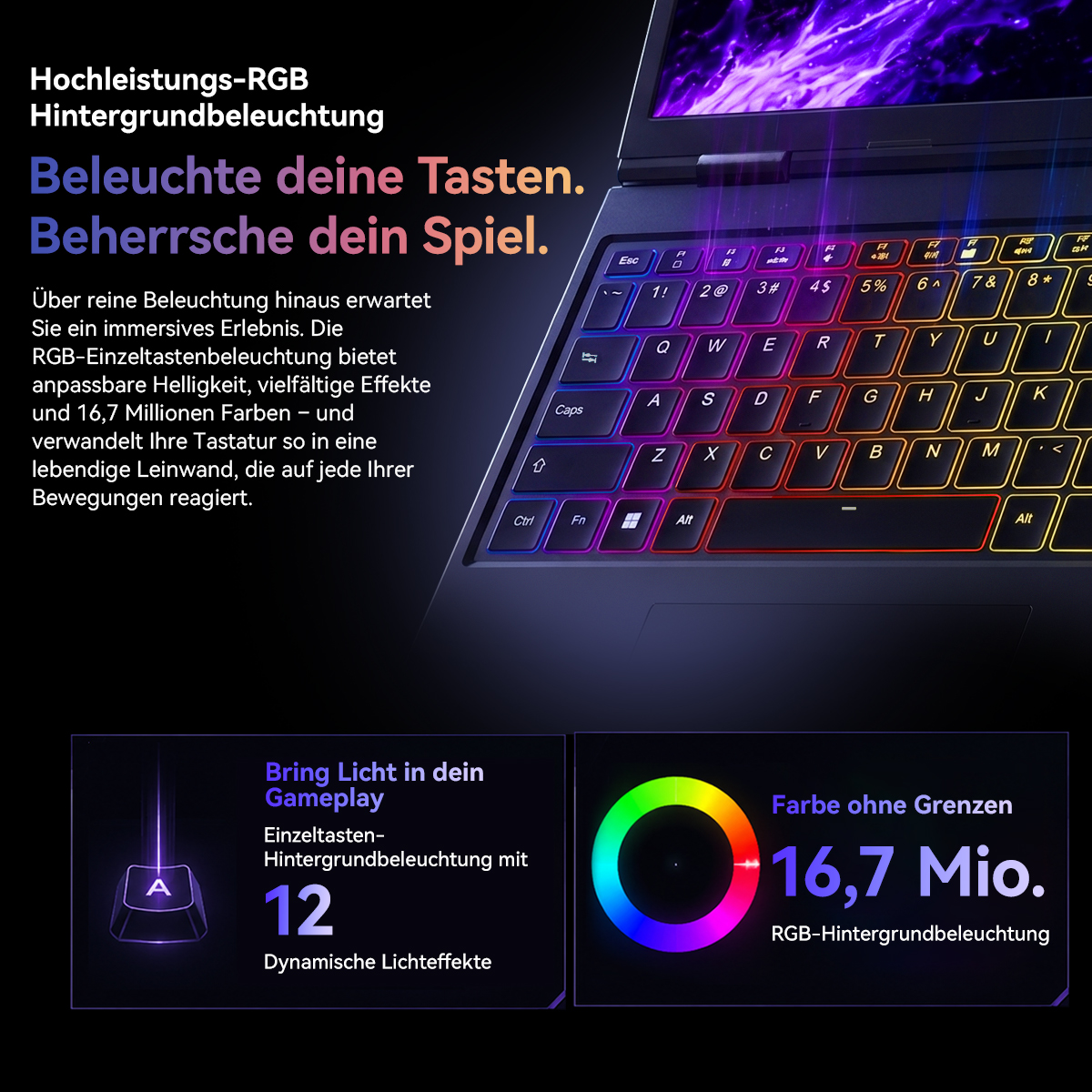 Teclado de portátil con retroiluminación RGB personalizable, texto en alemán y gráficos.