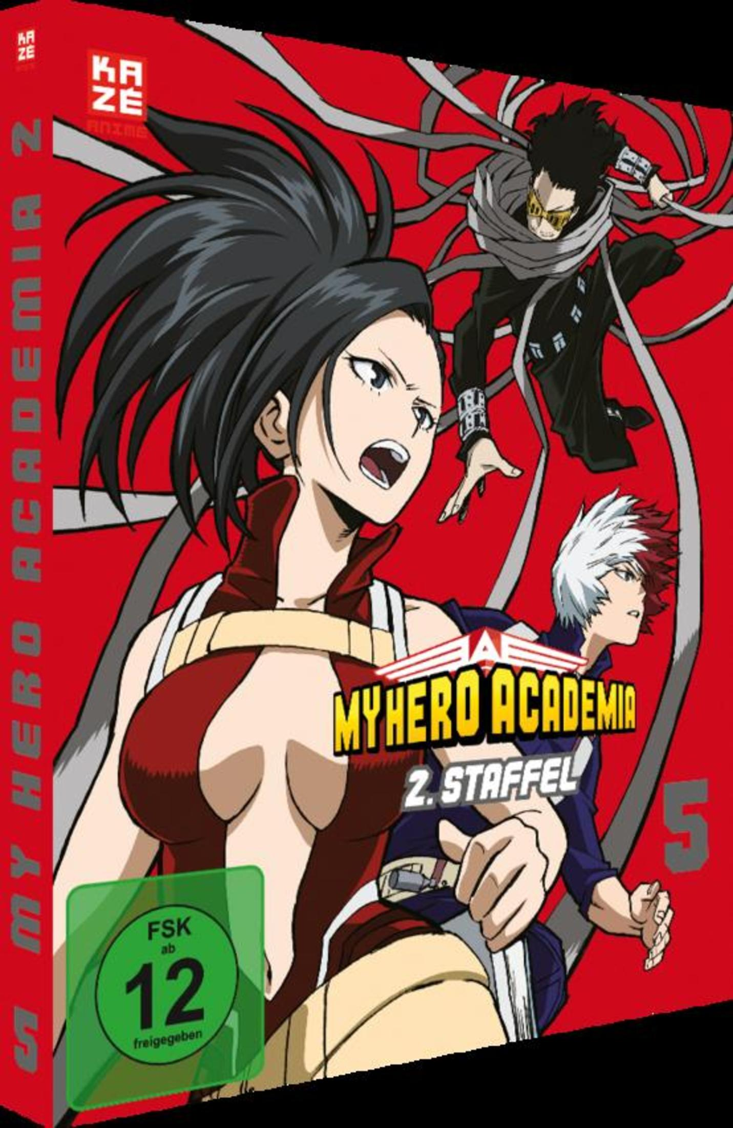 Anime-Cover mit My Hero Academia Charakteren Momo, Todoroki und Aizawa vor rotem Hintergrund.