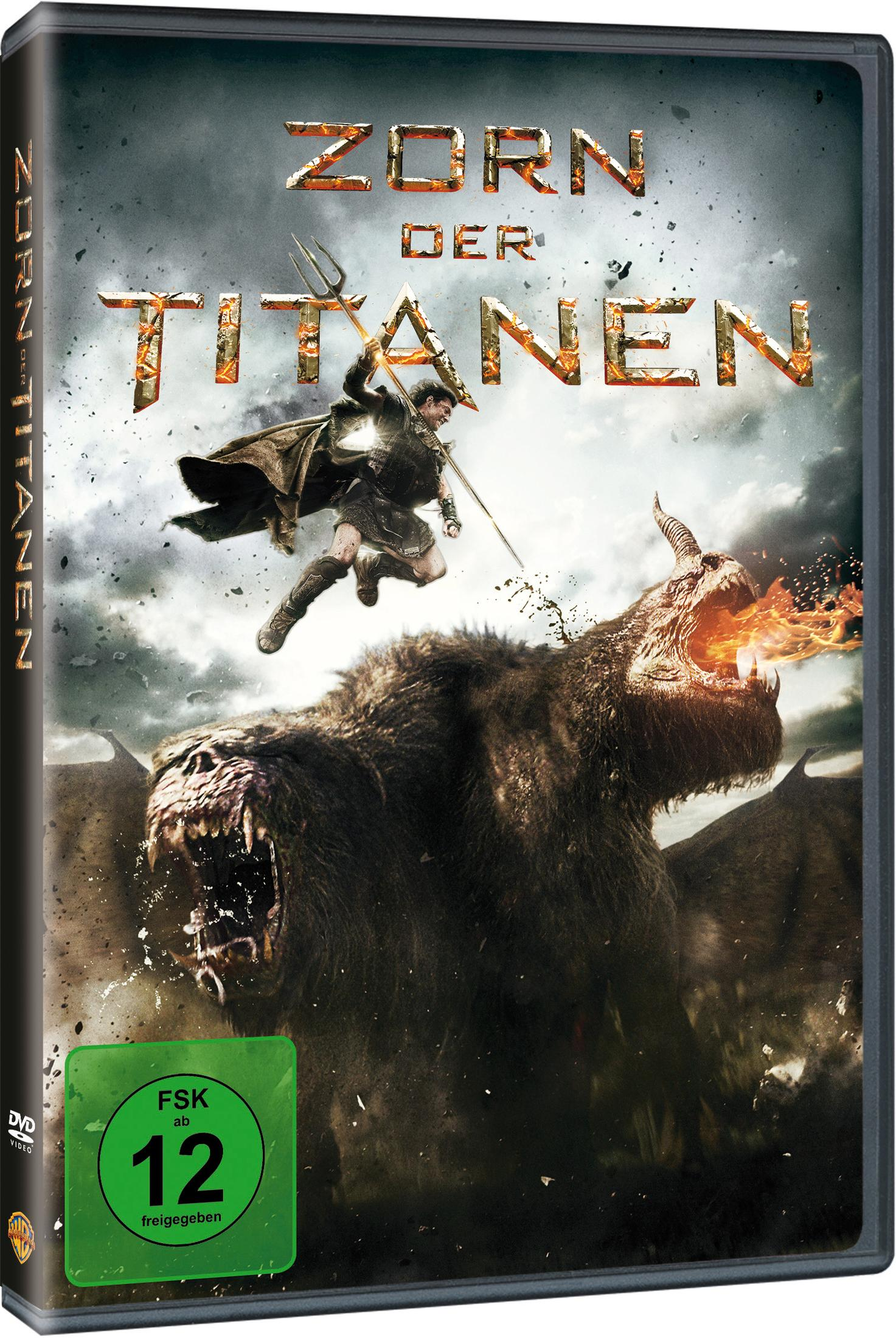 DVD-Cover von Zorn der Titanen zeigt einen Krieger mit Speer, der über ein feuerspeiendes Monster springt.