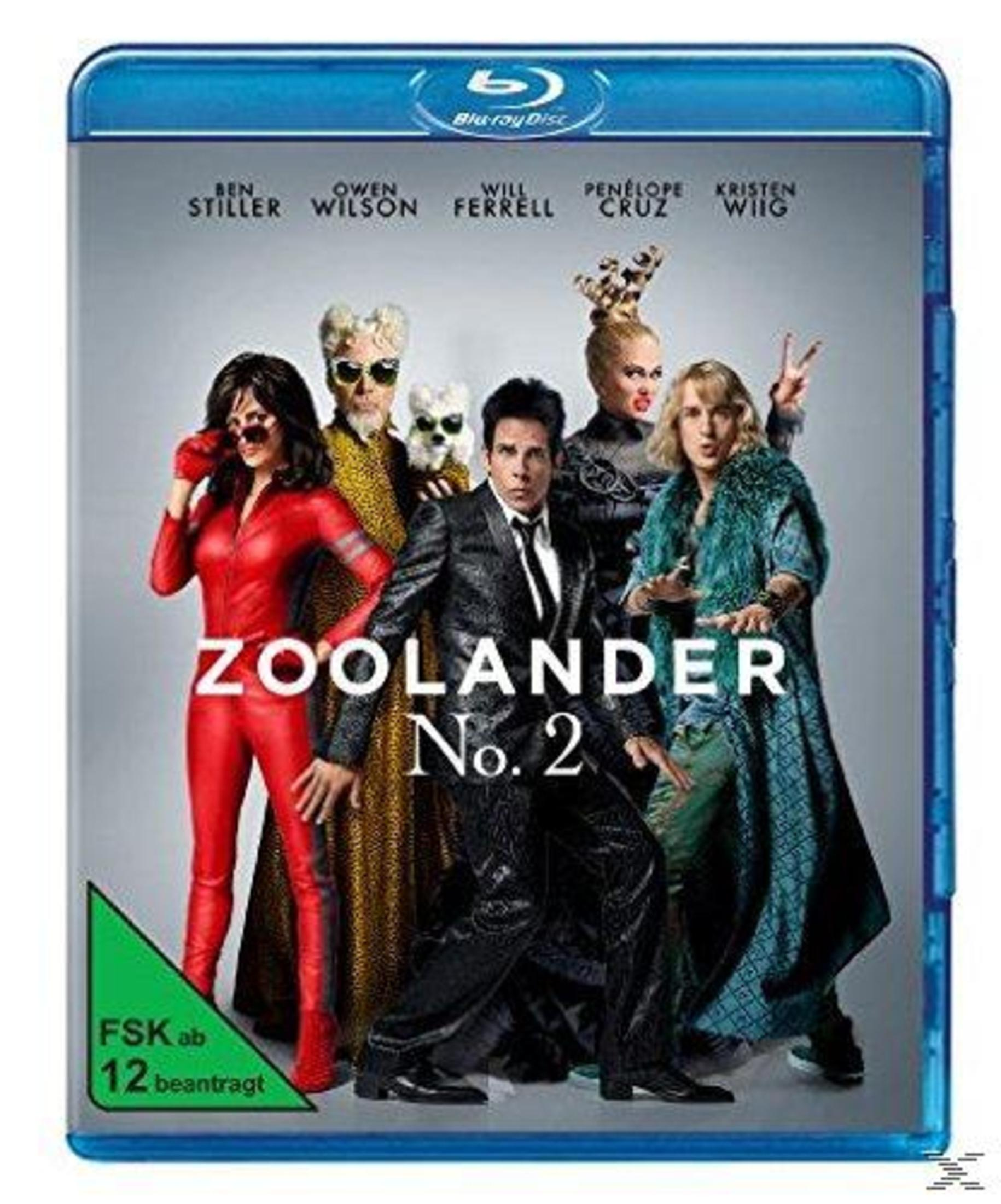 Blu-ray-Hülle des Films Zoolander No. 2 mit fünf schrillen Charakteren in extravaganten Kostümen vor grauem Hintergrund.