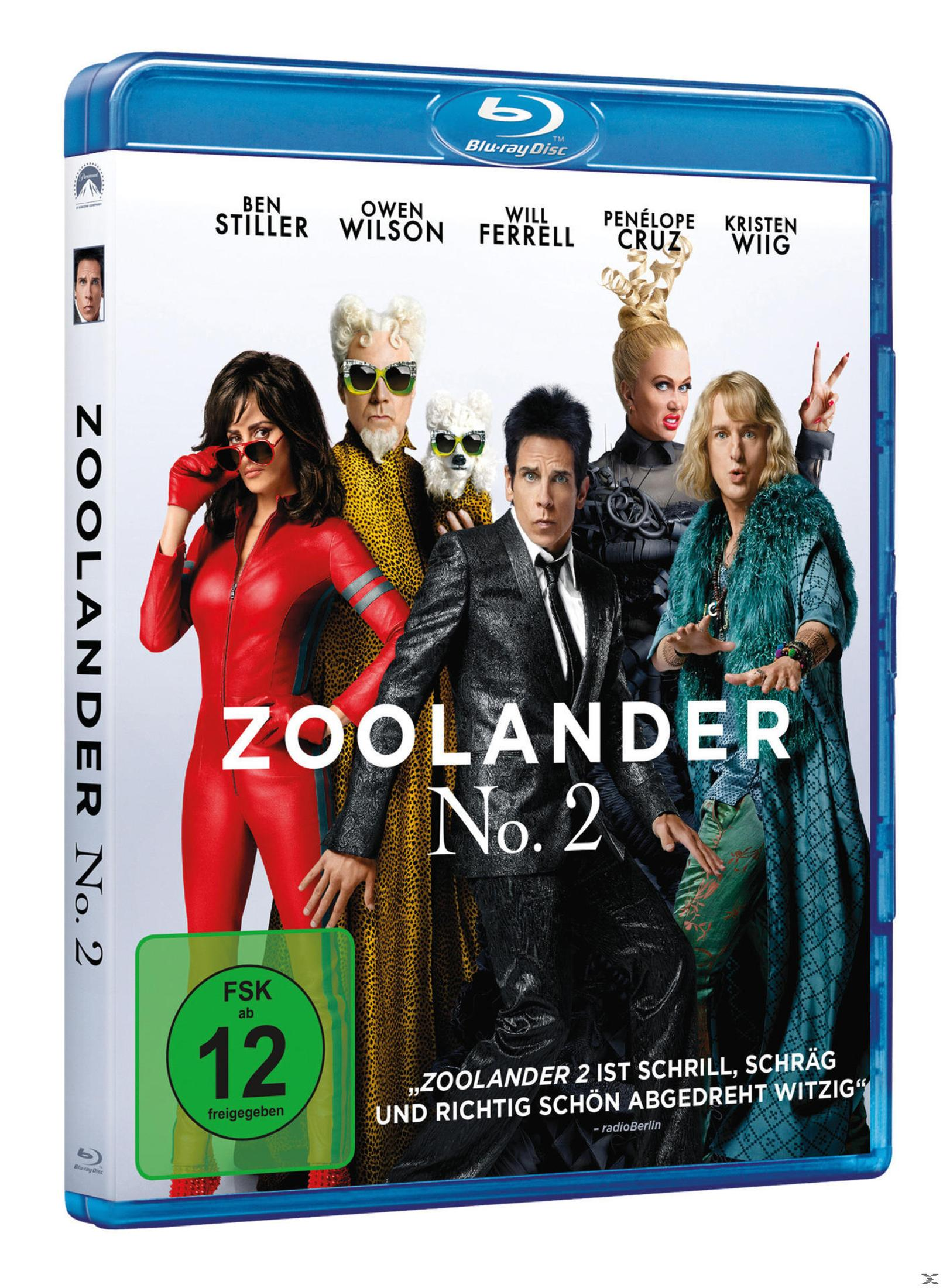 Blu-Ray-Cover von Zoolander 2 mit fünf schrägen Hauptfiguren in bunten Kostümen vor weißem Hintergrund.