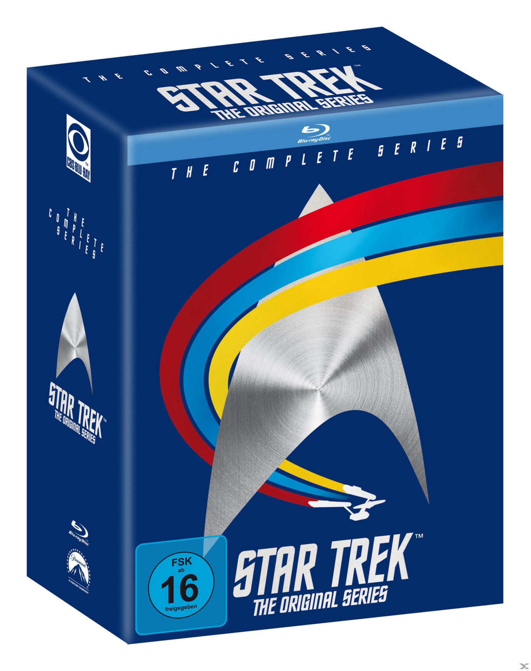 Boîtier Blu-ray bleu Star Trek La série complète avec insigne métallique et classification FSK 16.