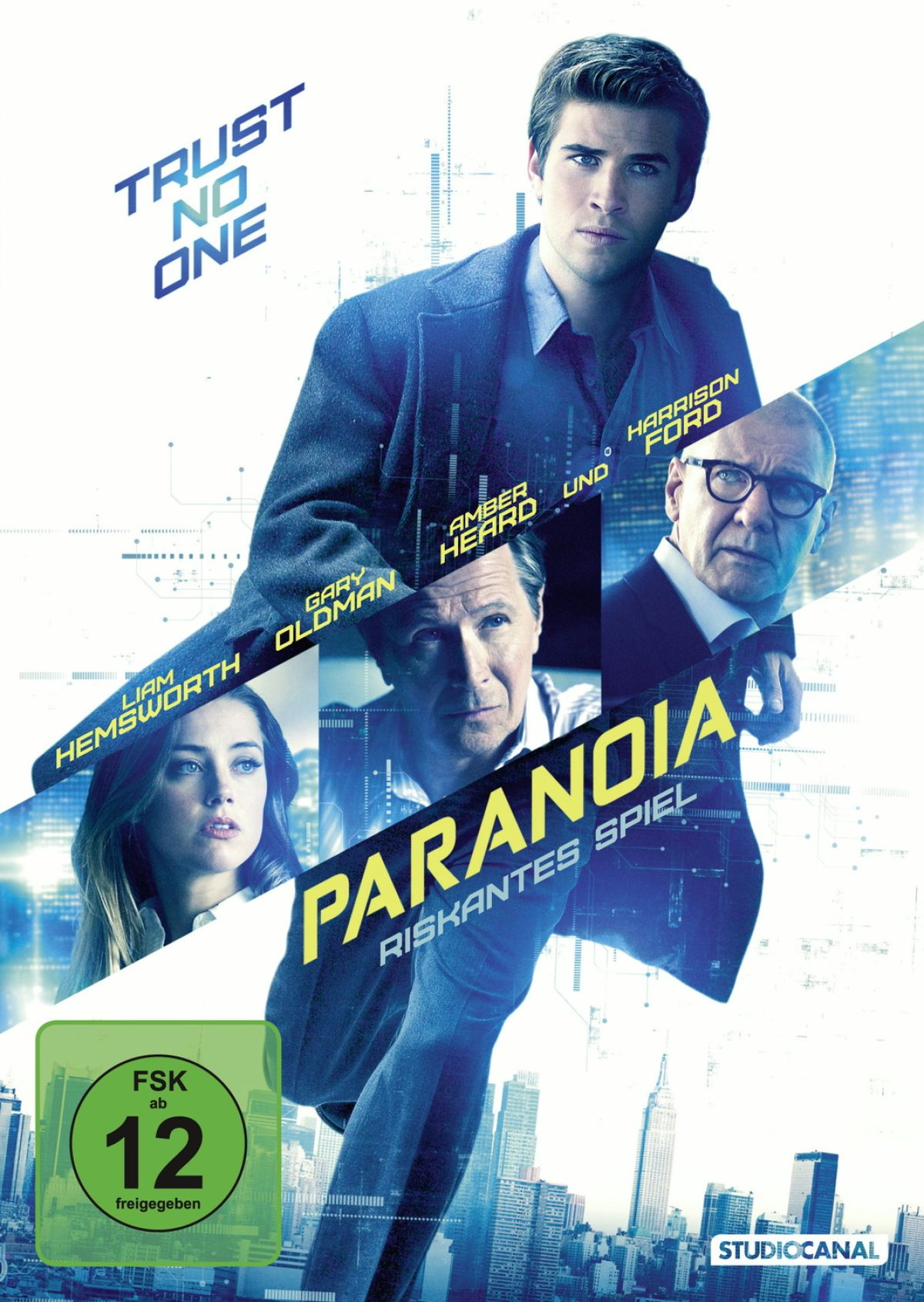 Filmposter zu Paranoia mit Liam Hemsworth, Gary Oldman und Harrison Ford vor einer Stadtsilhouette.