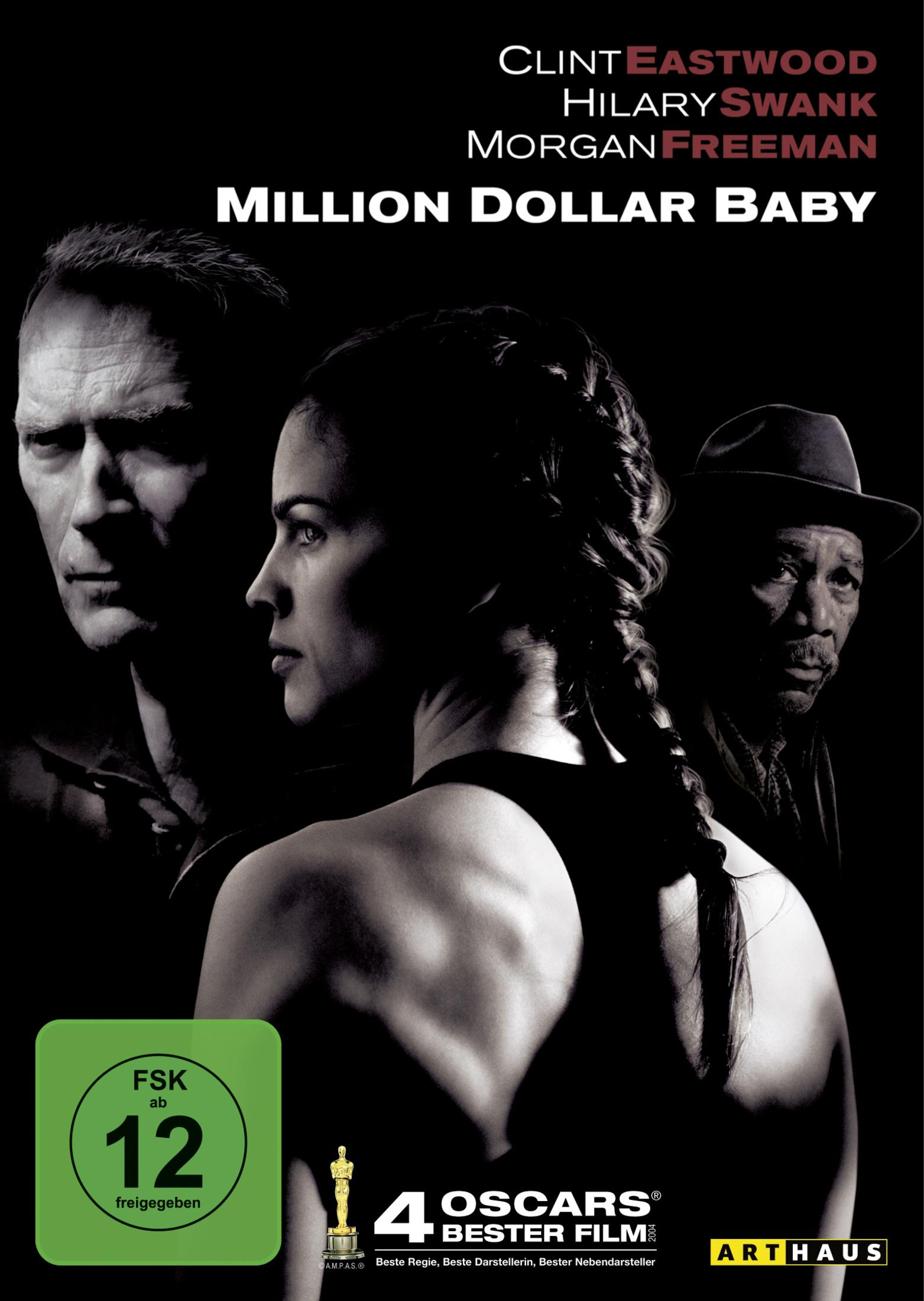 Filmposter von Million Dollar Baby mit Clint Eastwood, Hilary Swank und Morgan Freeman in Schwarzweiß.