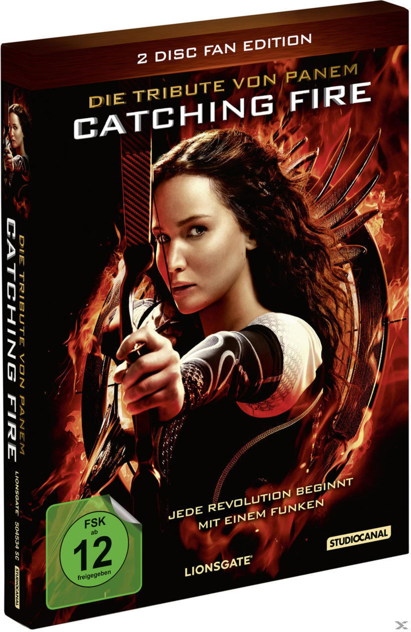 DVD-Hülle von Catching Fire mit Jennifer Lawrence als Bogenschützin vor feurigem Hintergrund.