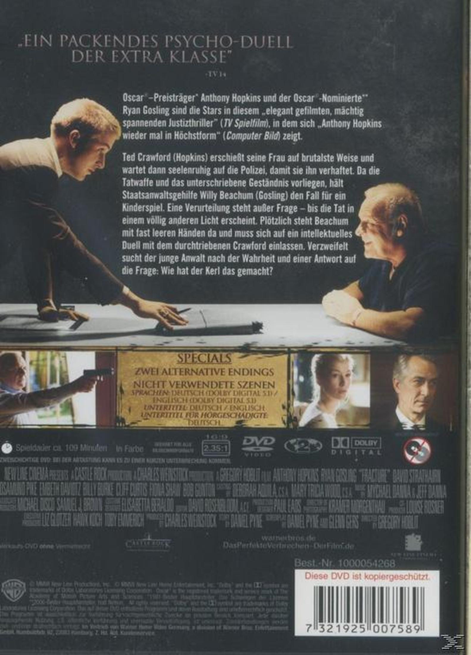 Rückseite einer DVD-Hülle des Films Fracture mit Anthony Hopkins und Ryan Gosling sowie Szenenbildern.