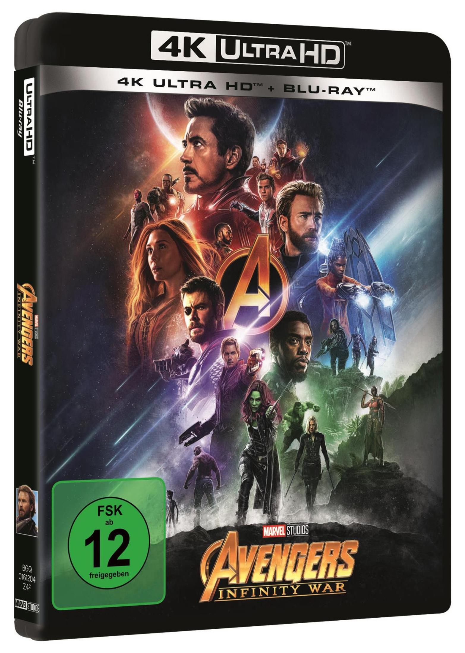 Blu-ray-Hülle von Avengers: Infinity War mit verschiedenen Marvel-Helden wie Iron Man und Captain America.