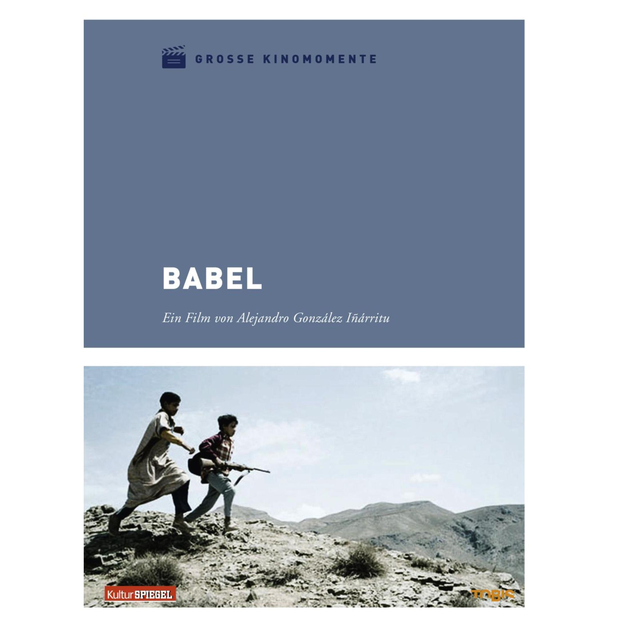 Filmposter für Babel: Oben grauer Hintergrund mit Text, unten zwei Kinder mit Gewehr in trockener Berglandschaft.