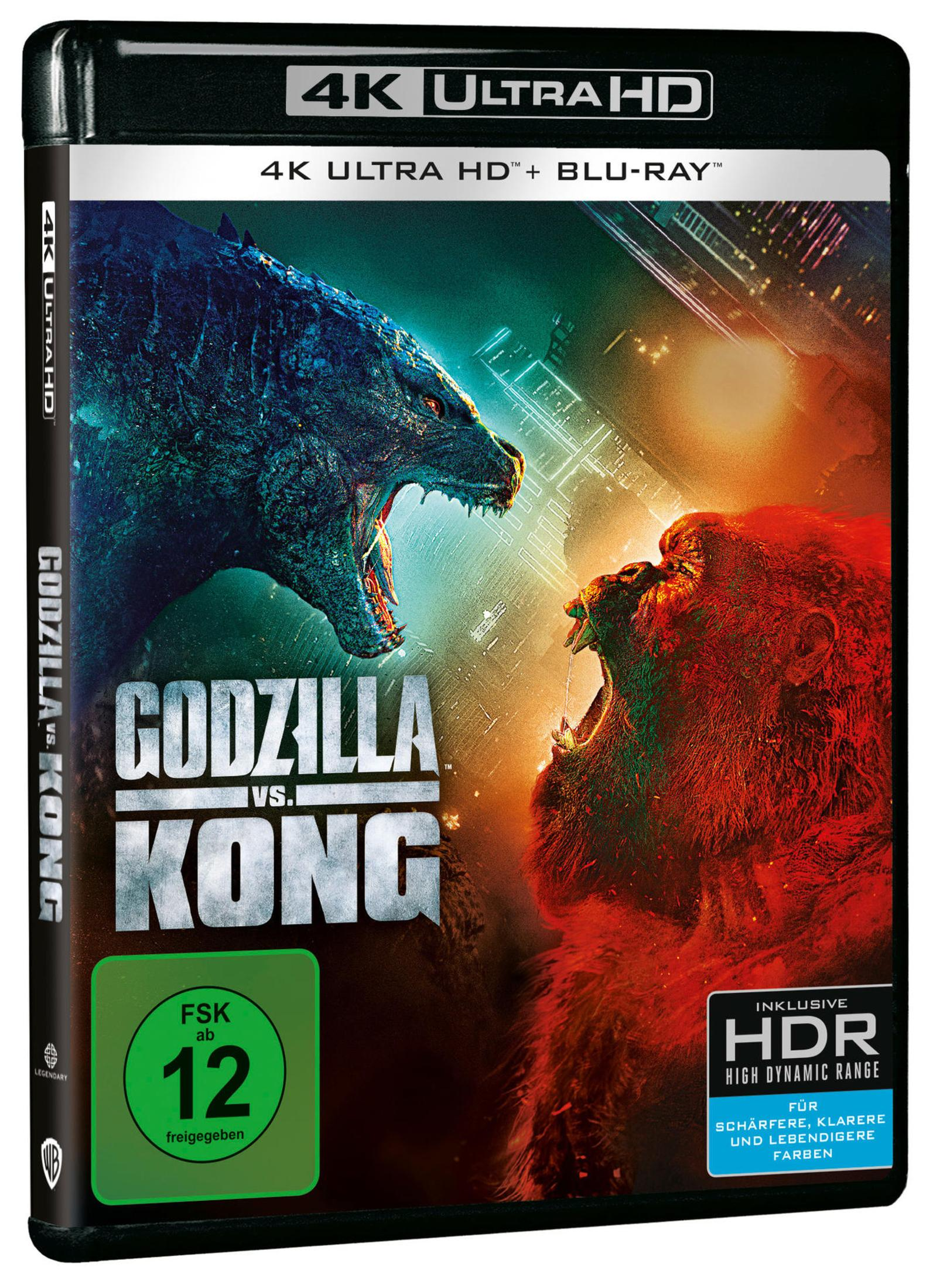 Godzilla und Kong brüllen sich auf einem 4K Ultra HD Blu-ray-Cover an.