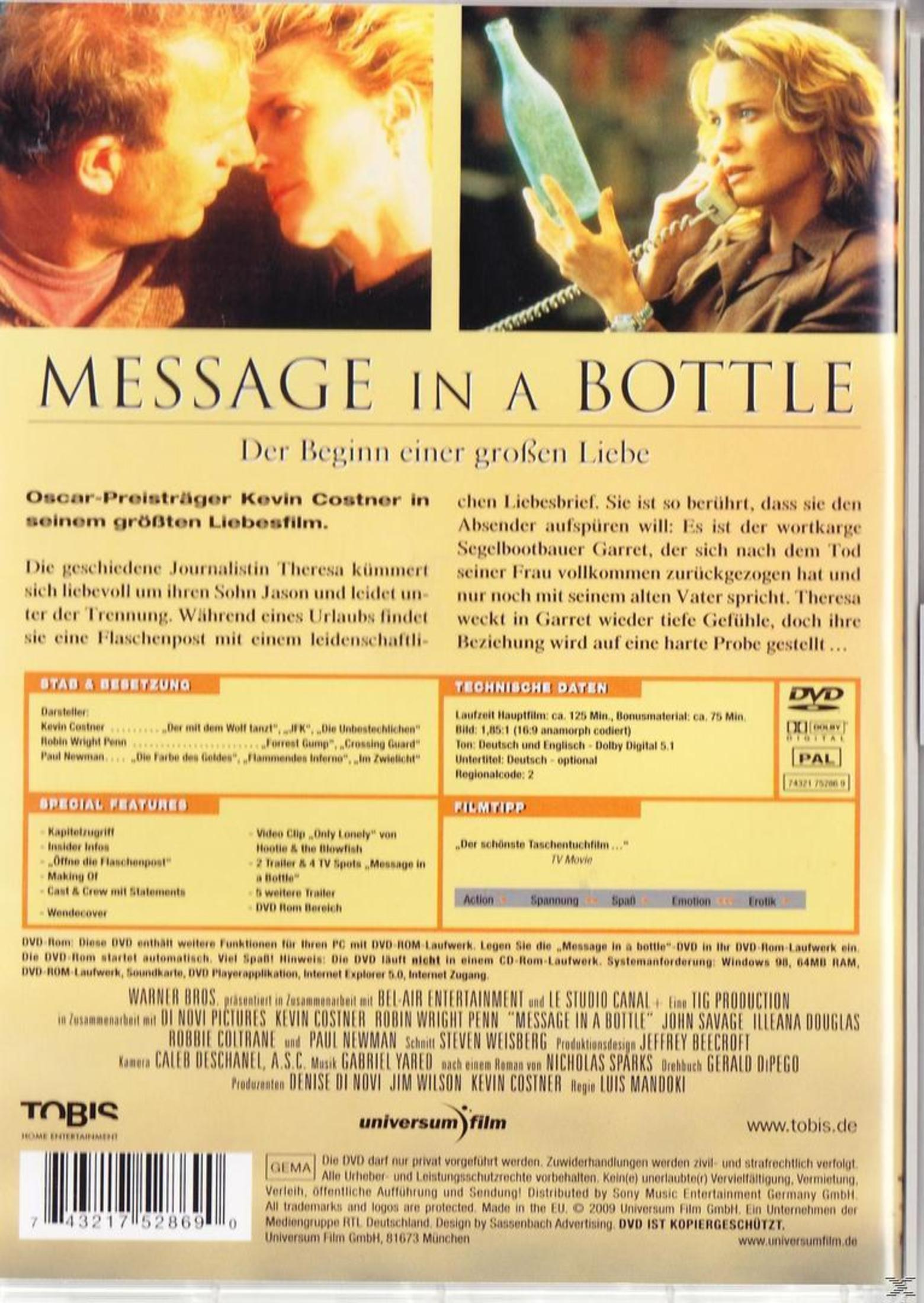 Rückseite einer Message in a Bottle DVD-Hülle mit Inhaltsangabe und Fotos der Hauptdarsteller.