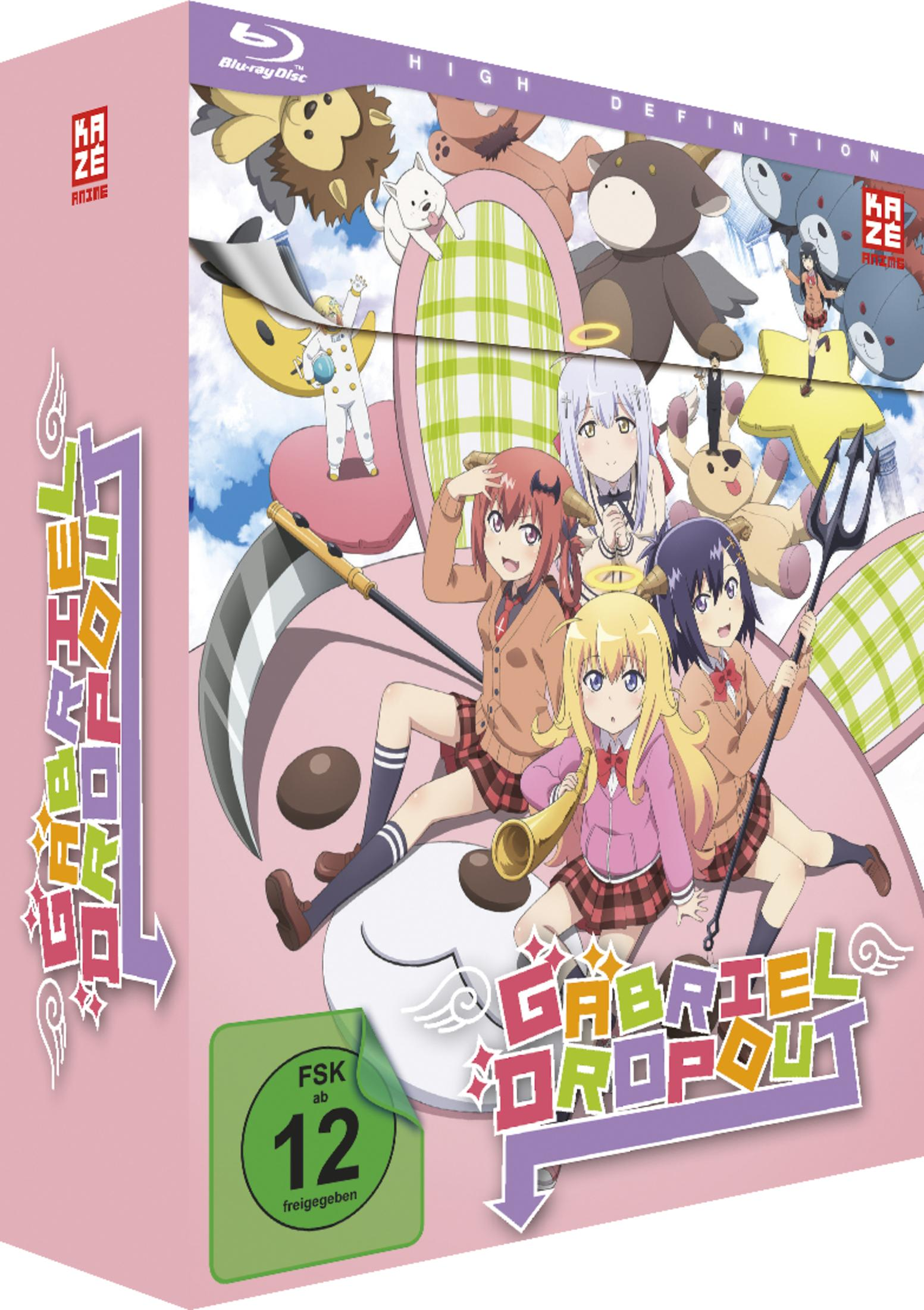 Anime-Box-Art mit vier weiblichen Figuren in Schuluniformen auf rosa Hintergrund mit Spielzeug und Himmel.