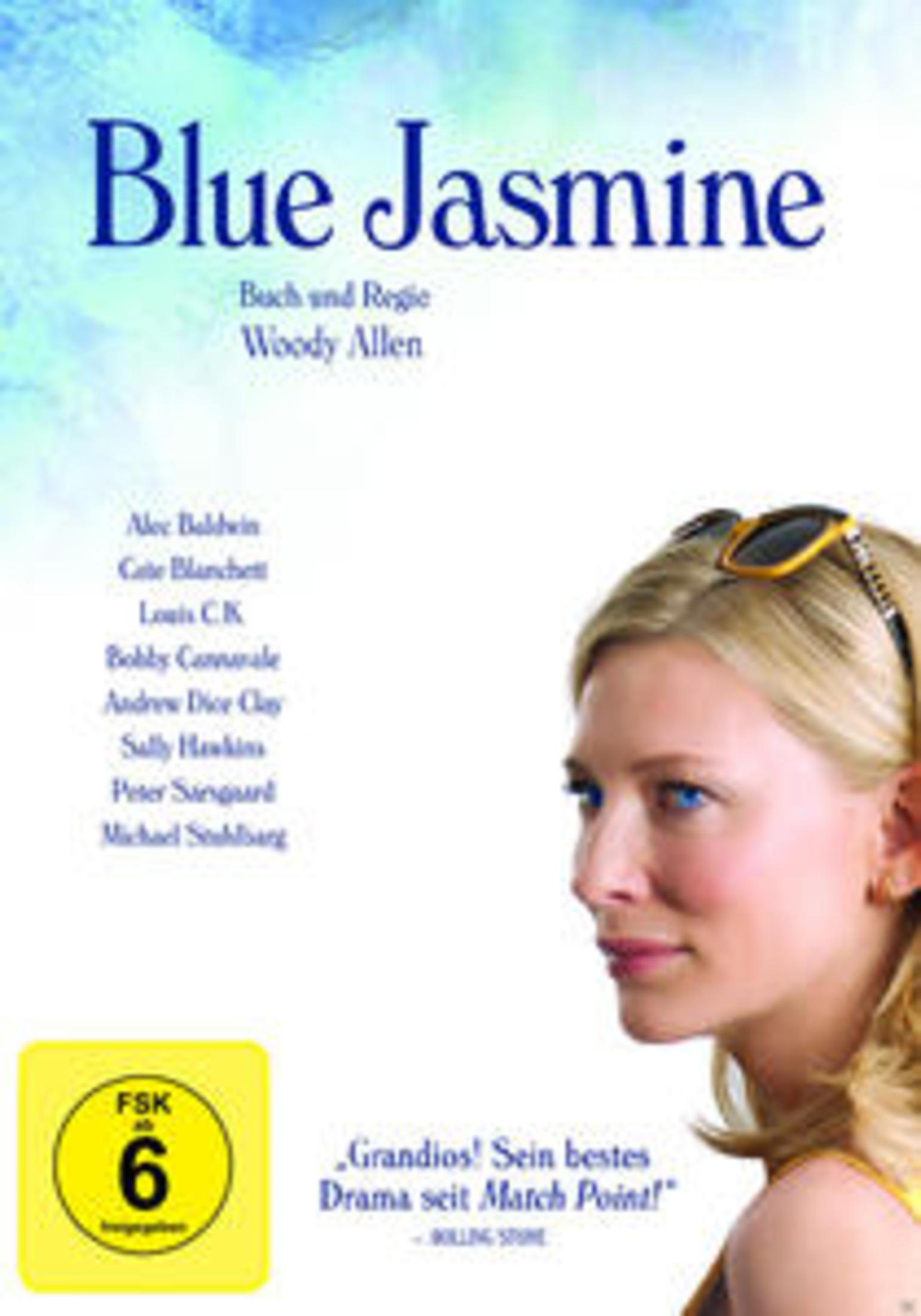 Blue Jasmine Filmposter mit Cate Blanchett und Sonnenbrille auf dem Kopf vor weißem Hintergrund.