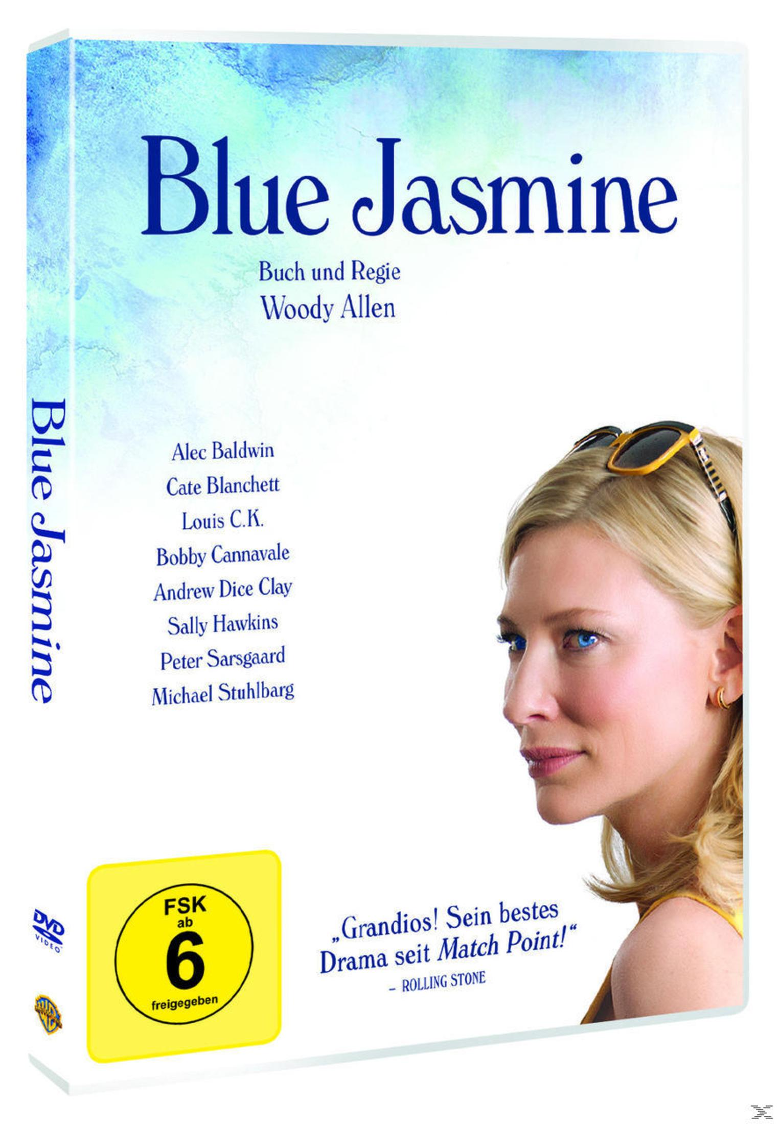 DVD-Cover von Blue Jasmine mit Cate Blanchett und Texten in Blau.
