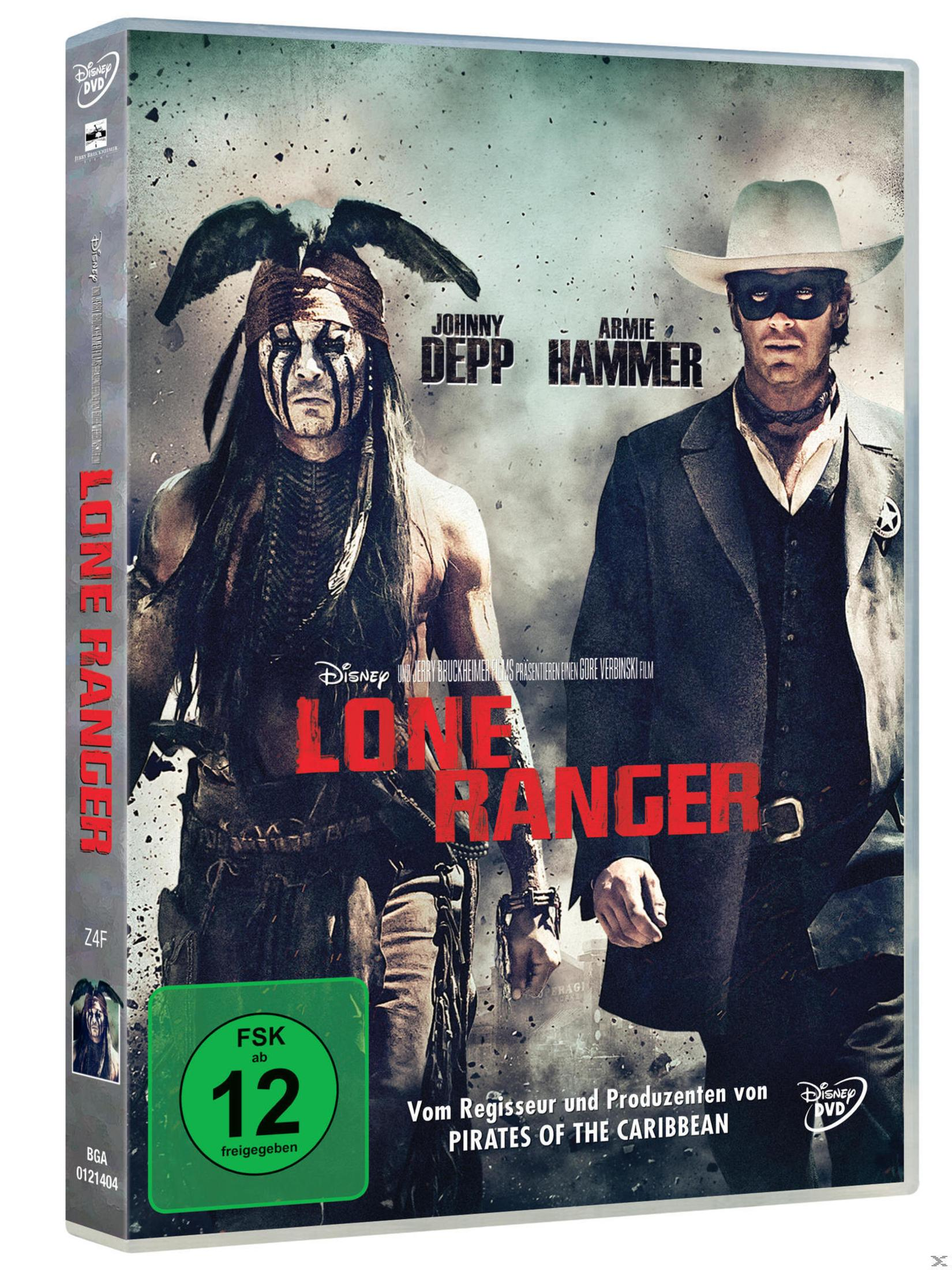 DVD-Cover von The Lone Ranger mit Johnny Depp als Tonto und Armie Hammer in der Titelrolle.