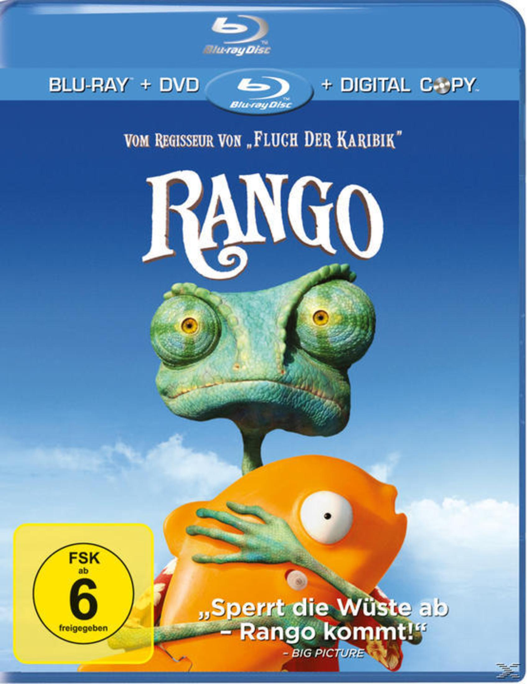 Blu-ray-Hülle des Films Rango mit grünem Chamäleon und orangem Fisch vor blauem Himmel.