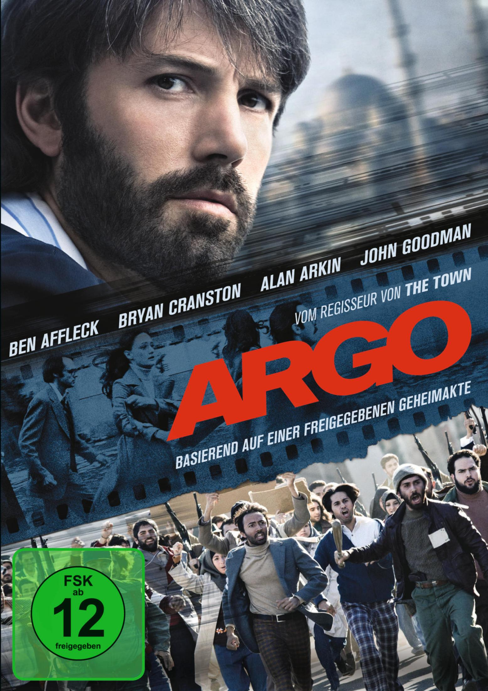 Filmposter für Argo mit Ben Afflecks Gesicht, einem Filmstreifen und einer protestierenden Menge.