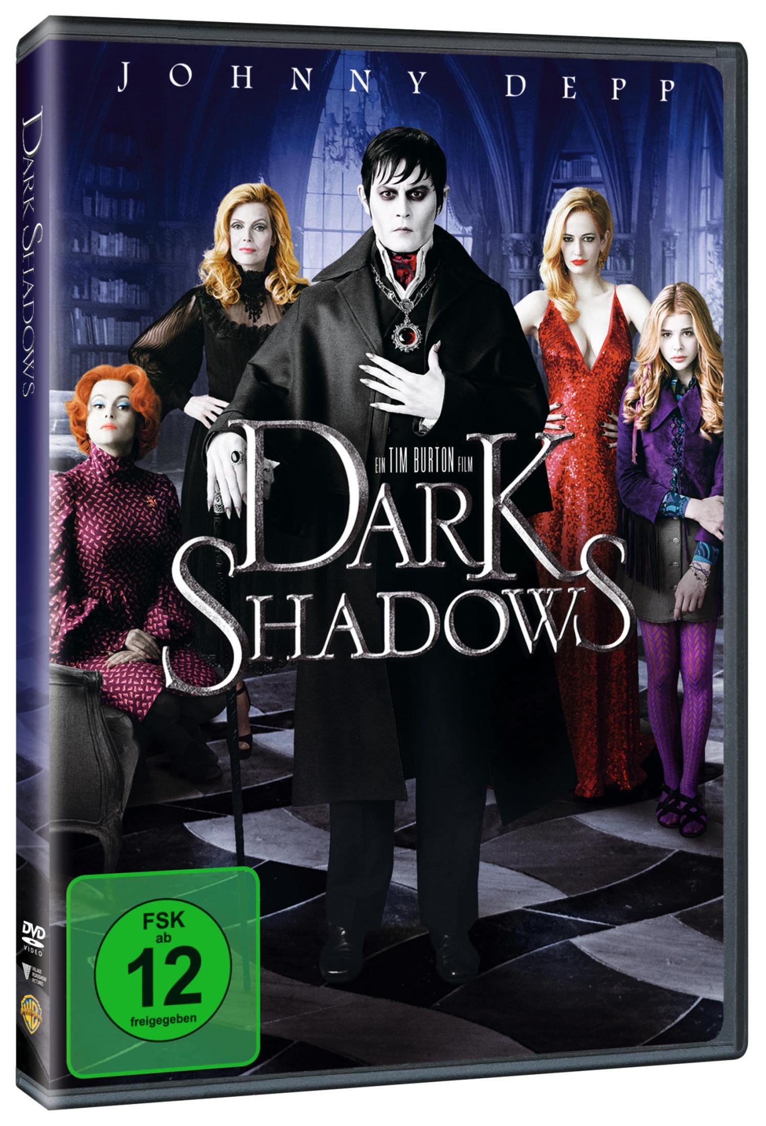 DVD-Hülle von Dark Shadows mit Johnny Depp und Besetzung im gotischen Stil vor einem dunklen Hintergrund.