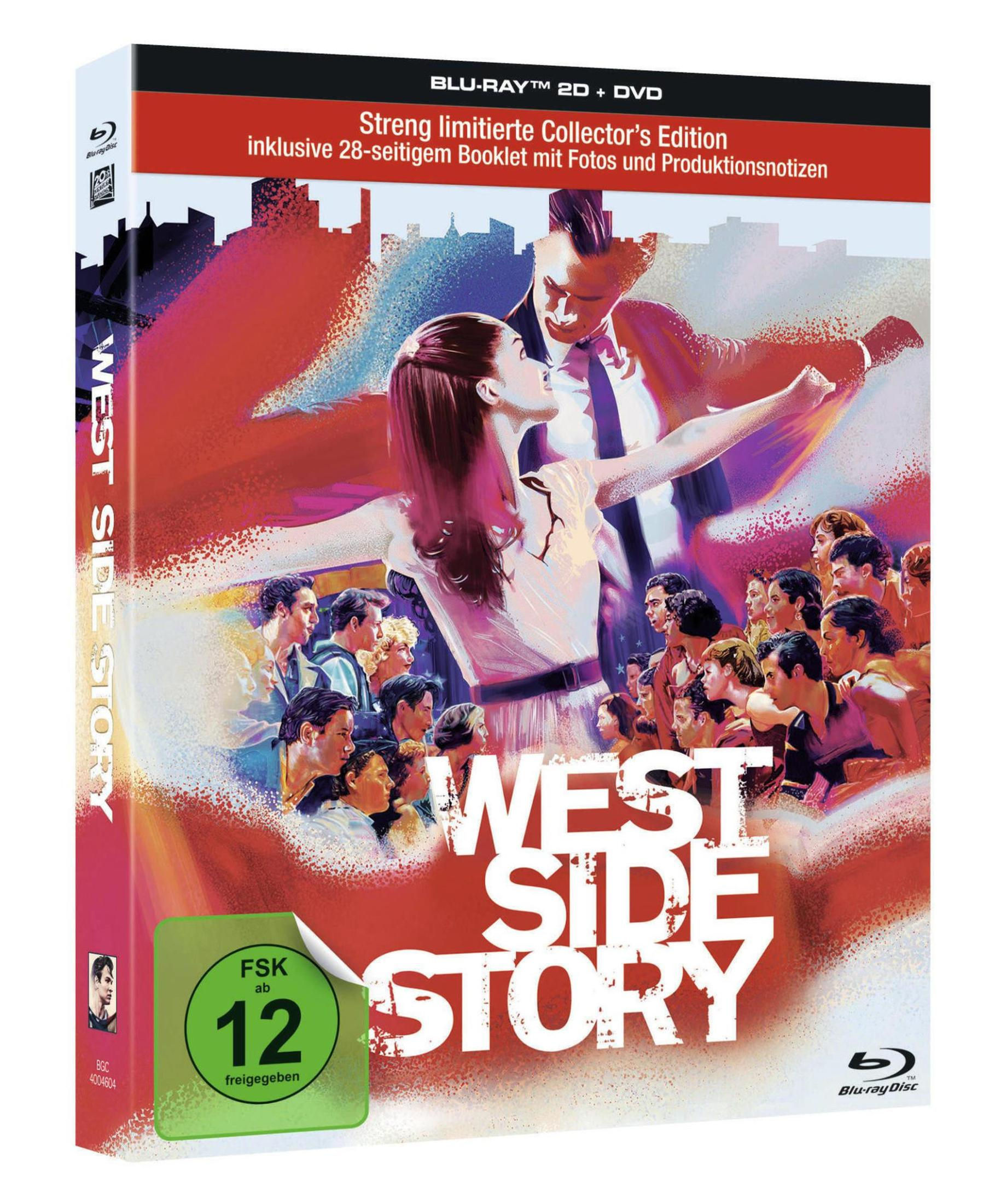 West Side Story Blu-ray Cover mit tanzendem Paar im Vordergrund vor einer Gruppe von Menschen und einer Skyline.