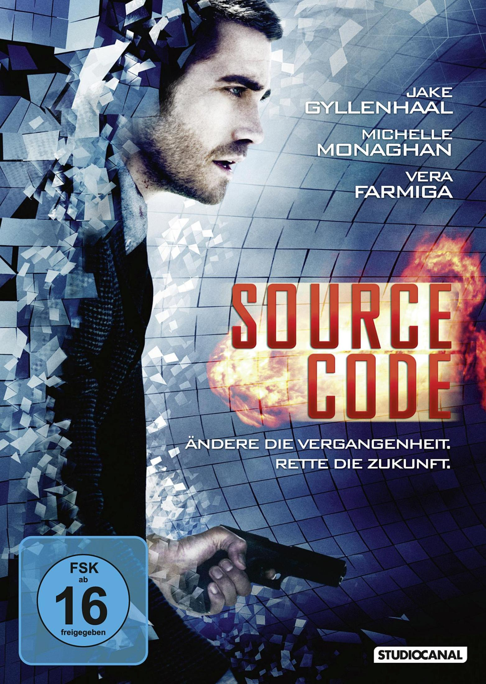 Filmposter von Source Code mit Jake Gyllenhaal, der eine Waffe hält und vor einem blauen Raster-Hintergrund steht.