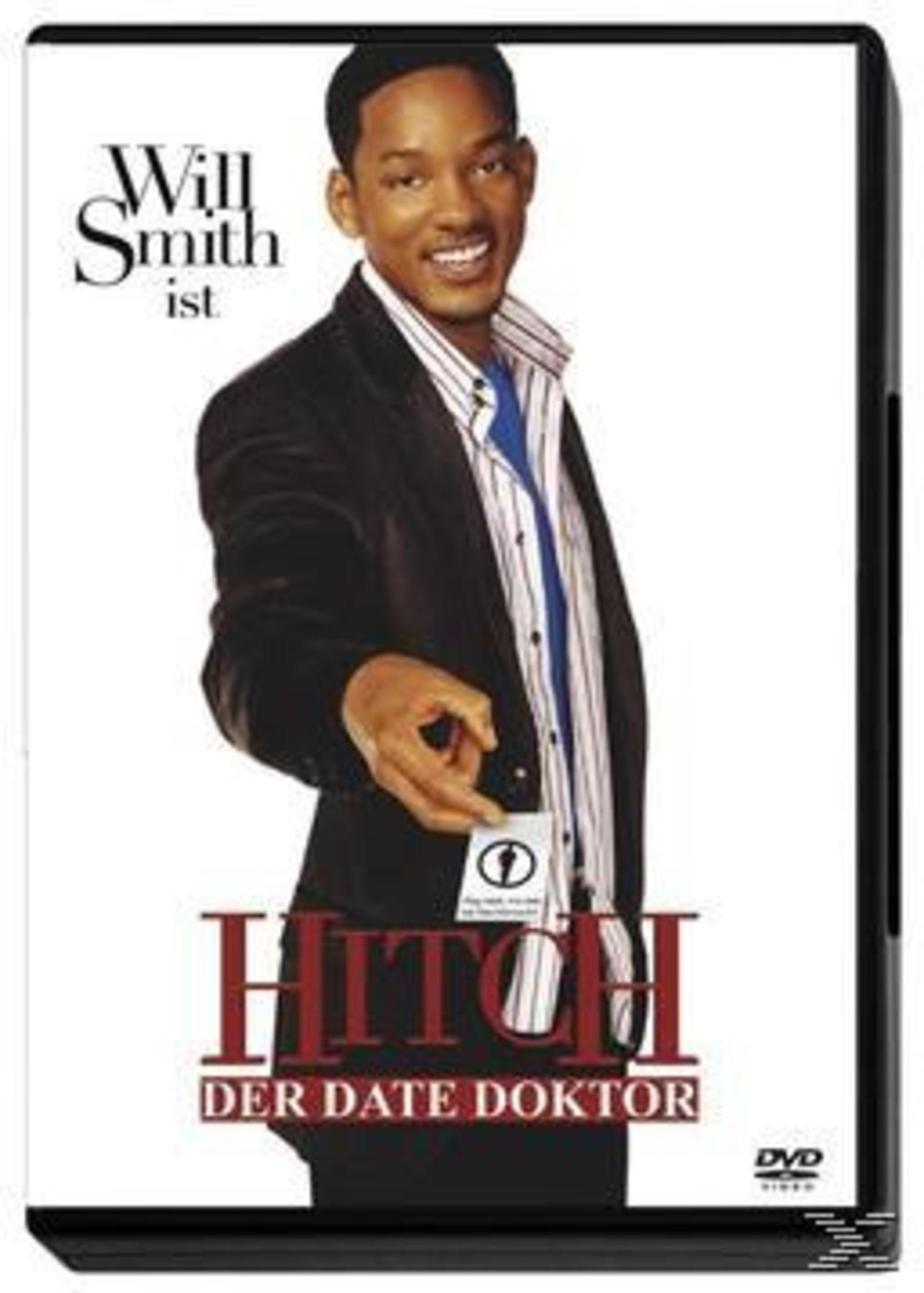DVD-Cover des Films Hitch mit Will Smith, der eine kleine Karte in die Kamera hält.