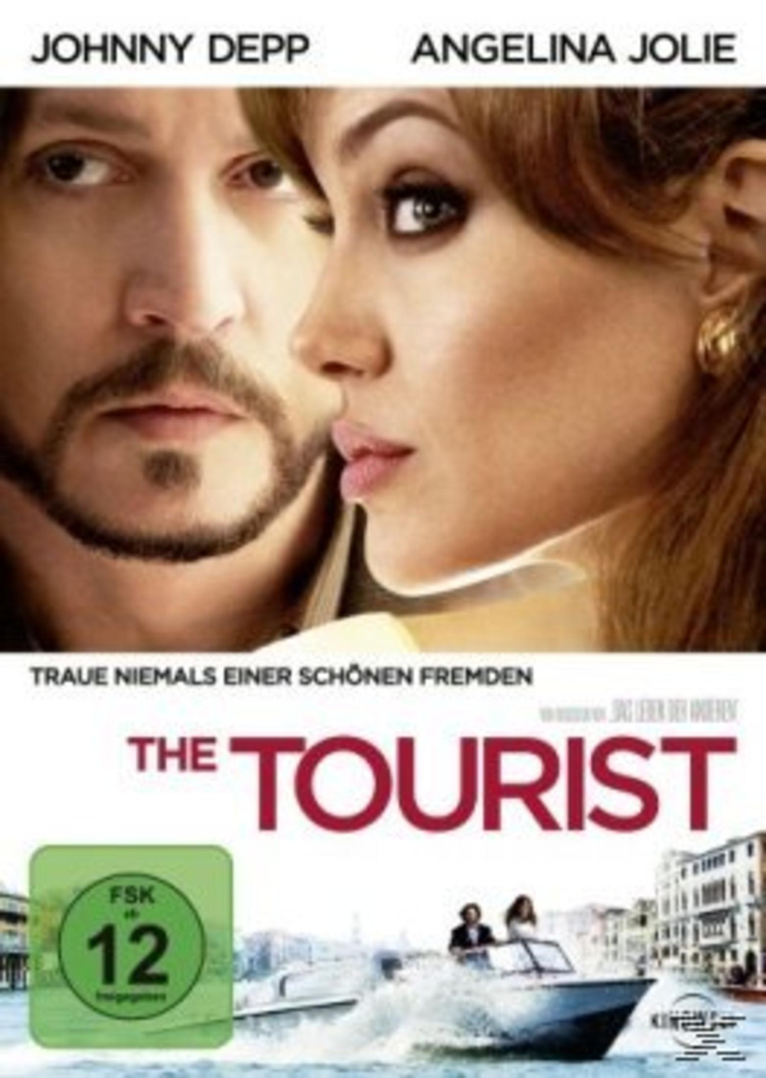 Filmposter von The Tourist mit Johnny Depp und Angelina Jolie, darunter eine Bootsszene in Venedig.