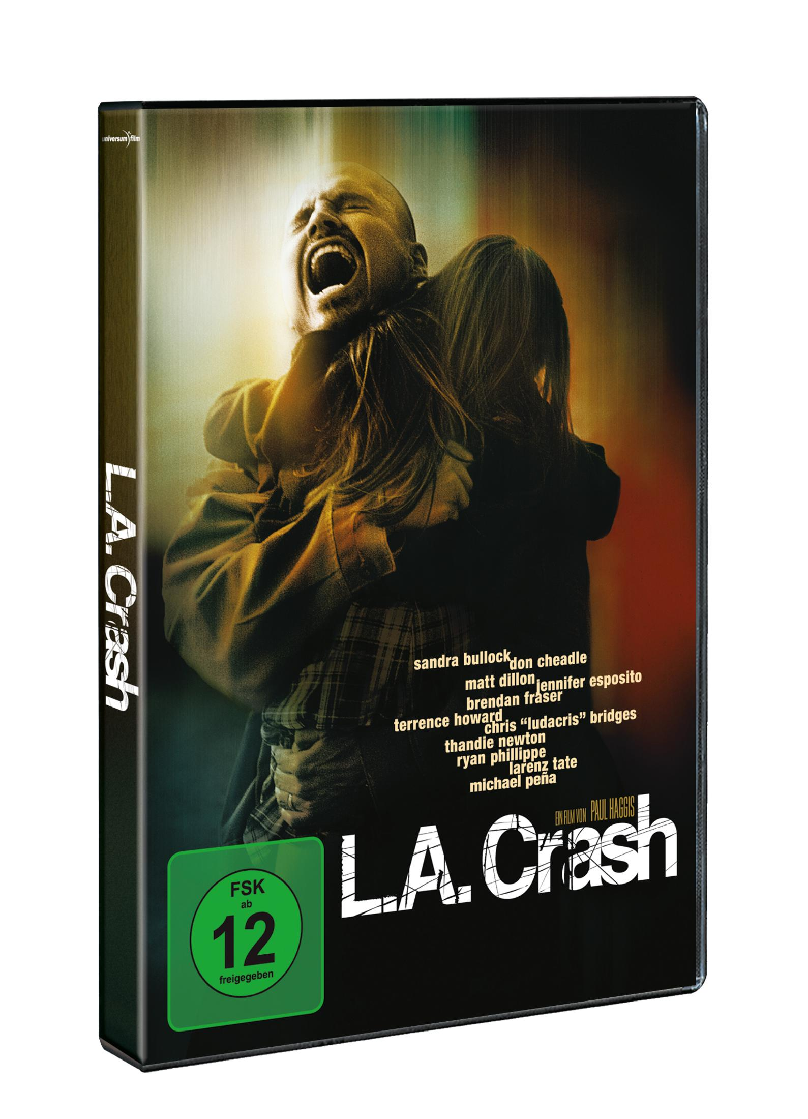 DVD-Hülle von L.A. Crash mit einem schreienden Mann, der eine Frau umarmt, und FSK-12-Logo.