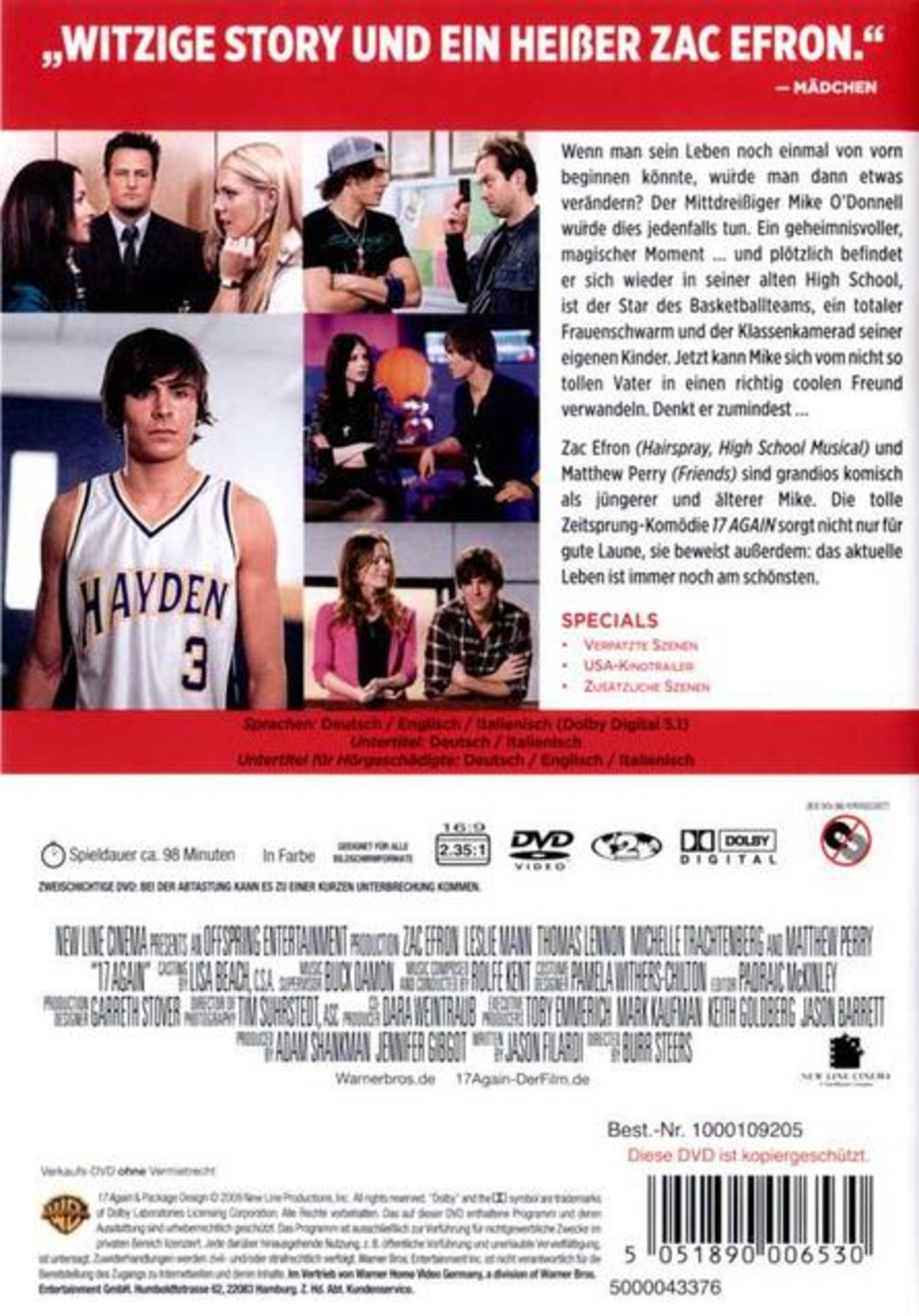 DVD-Rückseite des Films 17 Again mit Zac Efron und Matthew Perry, Szenenfotos und Beschreibung.