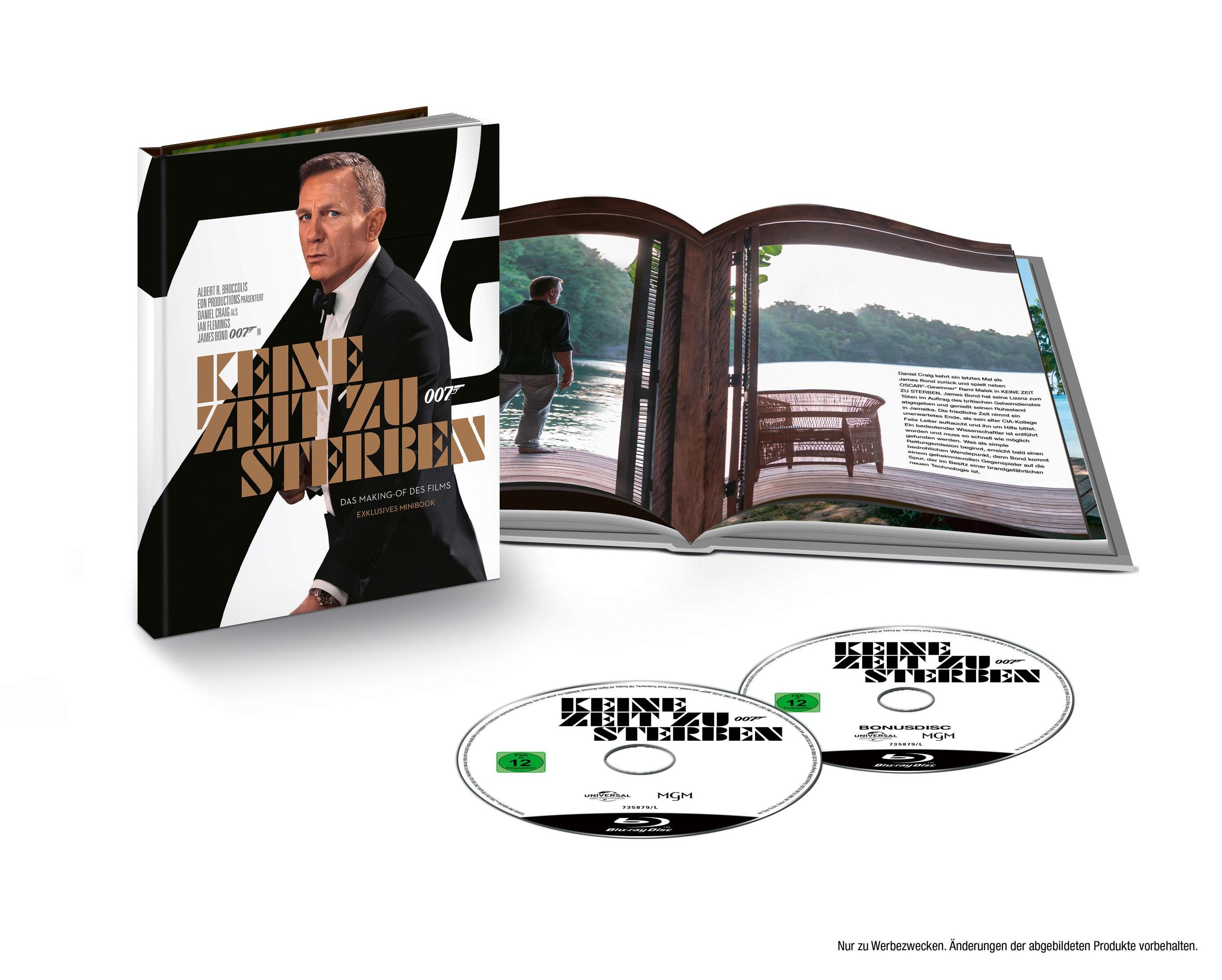 Ein James Bond Blu-ray-Set mit einer Making-of-Buch und zwei Discs auf weißem Hintergrund.