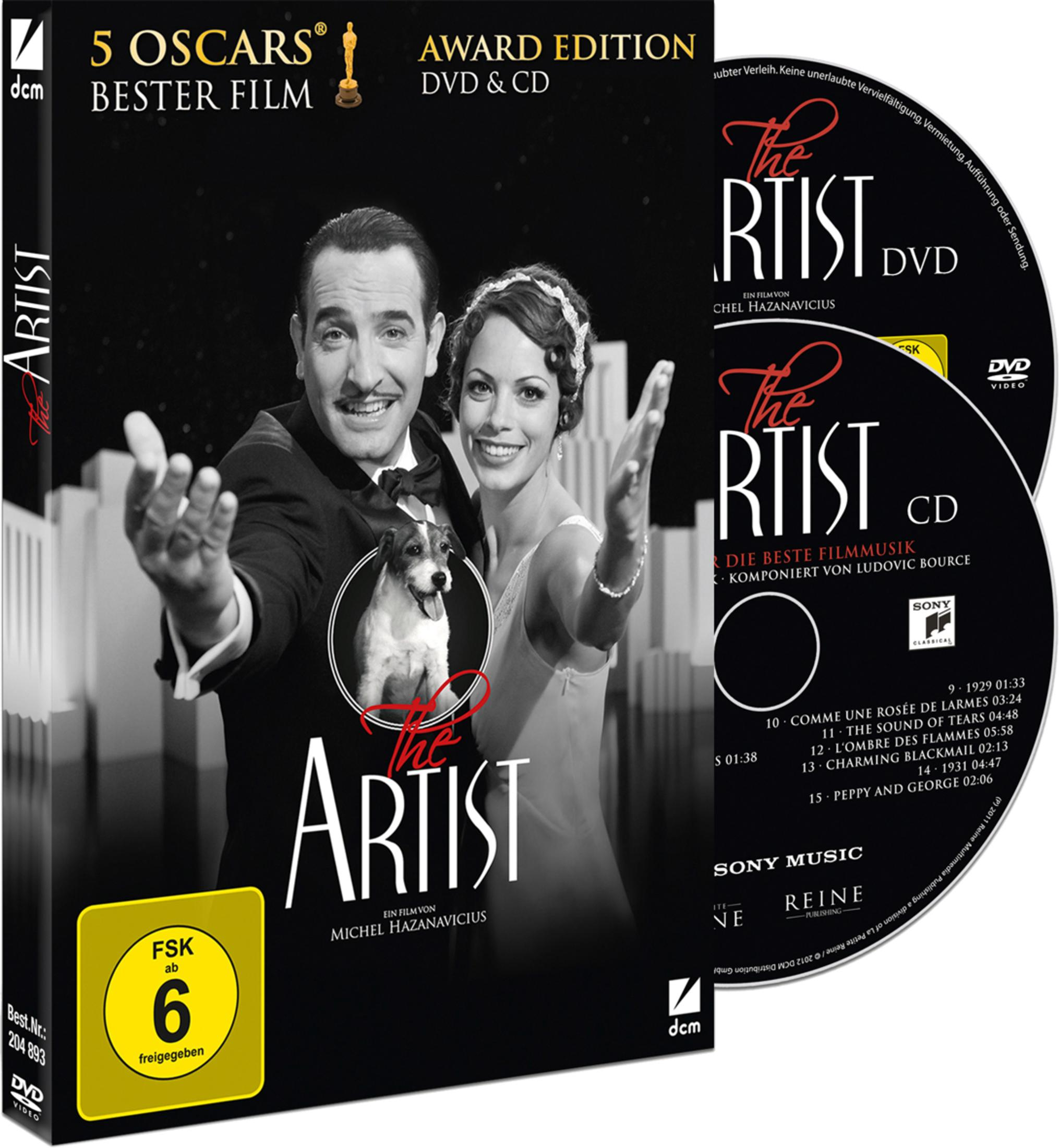 DVD- und CD-Cover des Films The Artist mit Hauptdarstellern, Hund und FSK-6-Altersfreigabe.