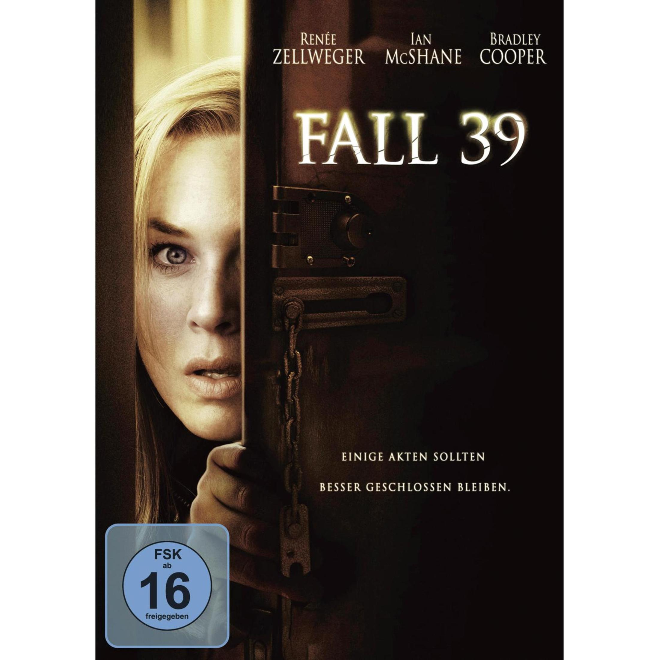 Filmplakat für Fall 39 mit einer verängstigten Frau, die hinter einer leicht geöffneten, mit einer Kette gesicherten Tür blickt.