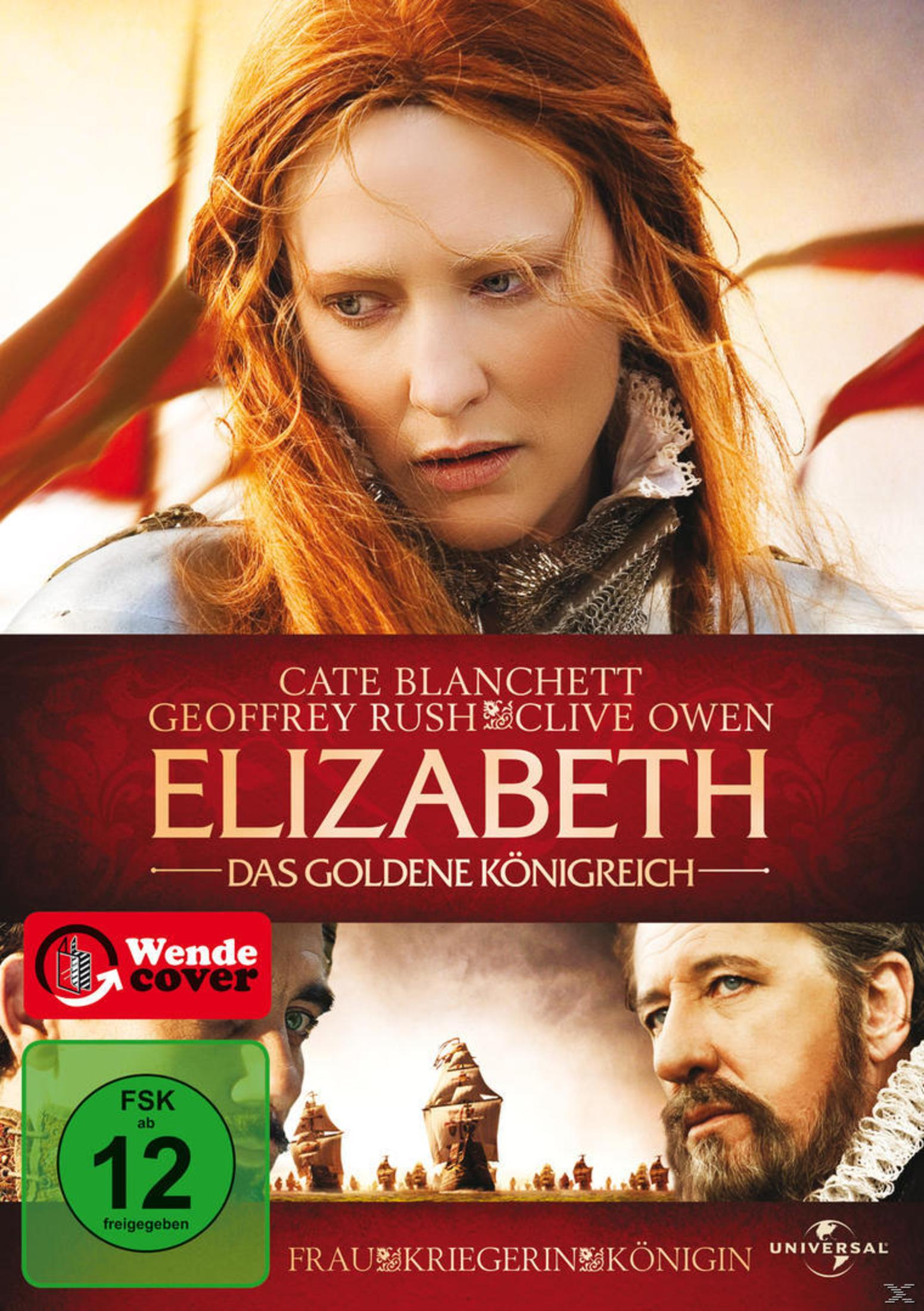 Filmplakat für Elizabeth: Das goldene Königreich mit Cate Blanchett in der Hauptrolle und Schiffen im Hintergrund.
