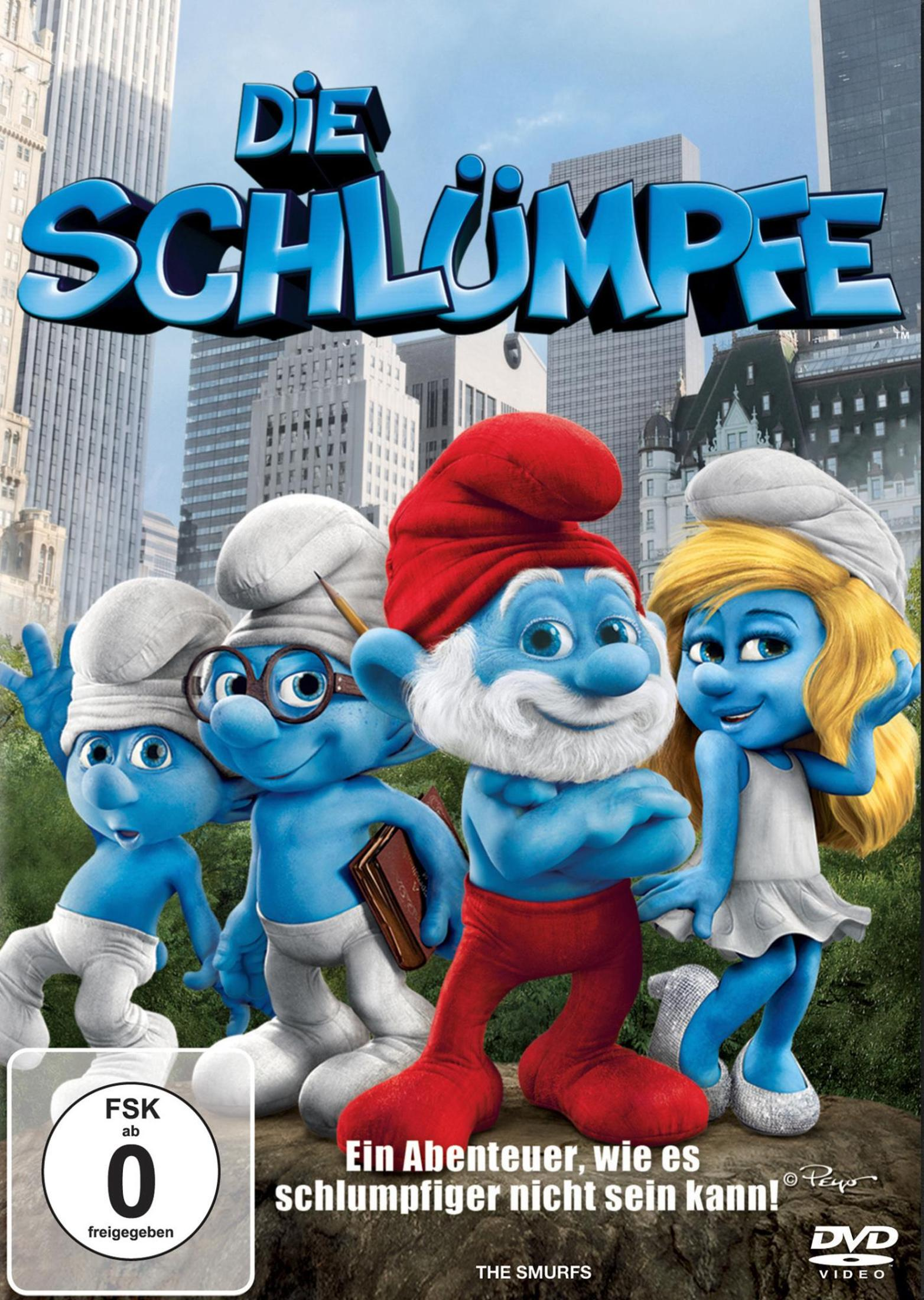 Das Schlümpfe-Filmposter mit vier blauen Schlumpf-Figuren vor einer Stadtsilhouette.