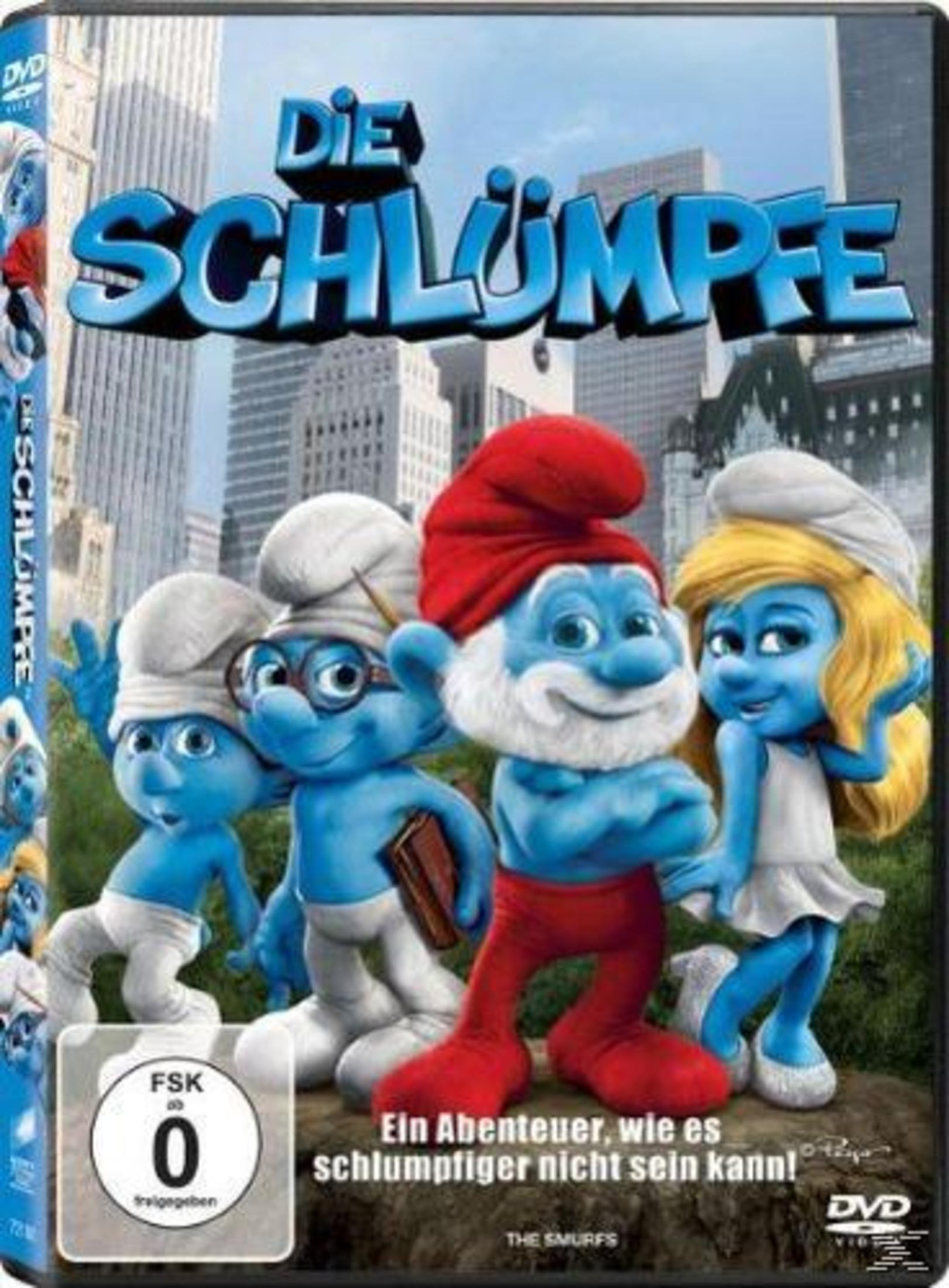 DVD-Cover mit vier Schlümpfen vor einer Stadtsilhouette, Papa Schlumpf in der Mitte in Rot.