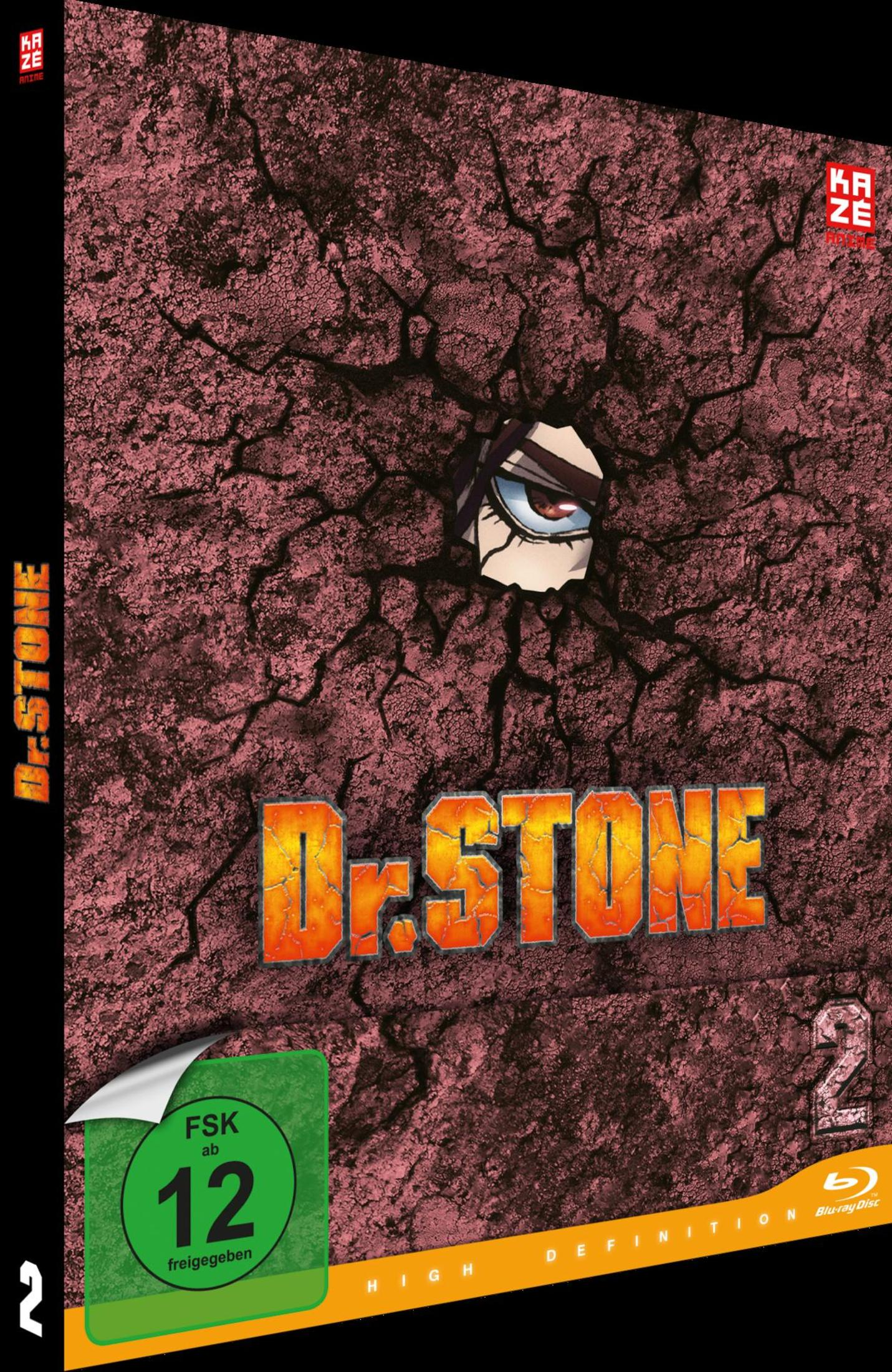 Dr. STONE Blu-ray Cover mit rissiger Textur und einem Auge, das durchbricht.