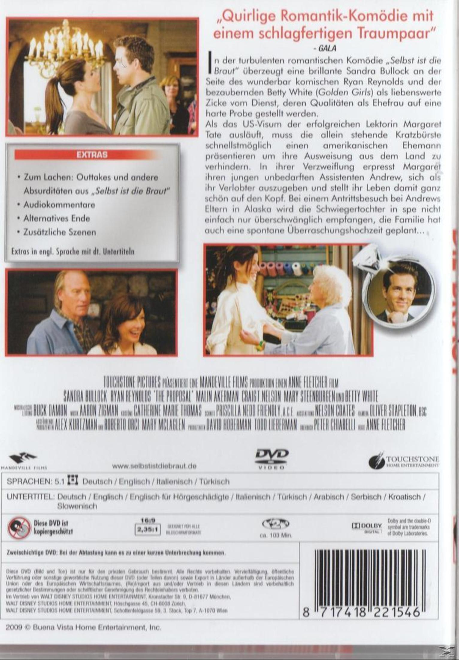 Rückseite einer DVD-Hülle mit Szenenbildern, Text und Angaben zum Film "Selbst ist die Braut".