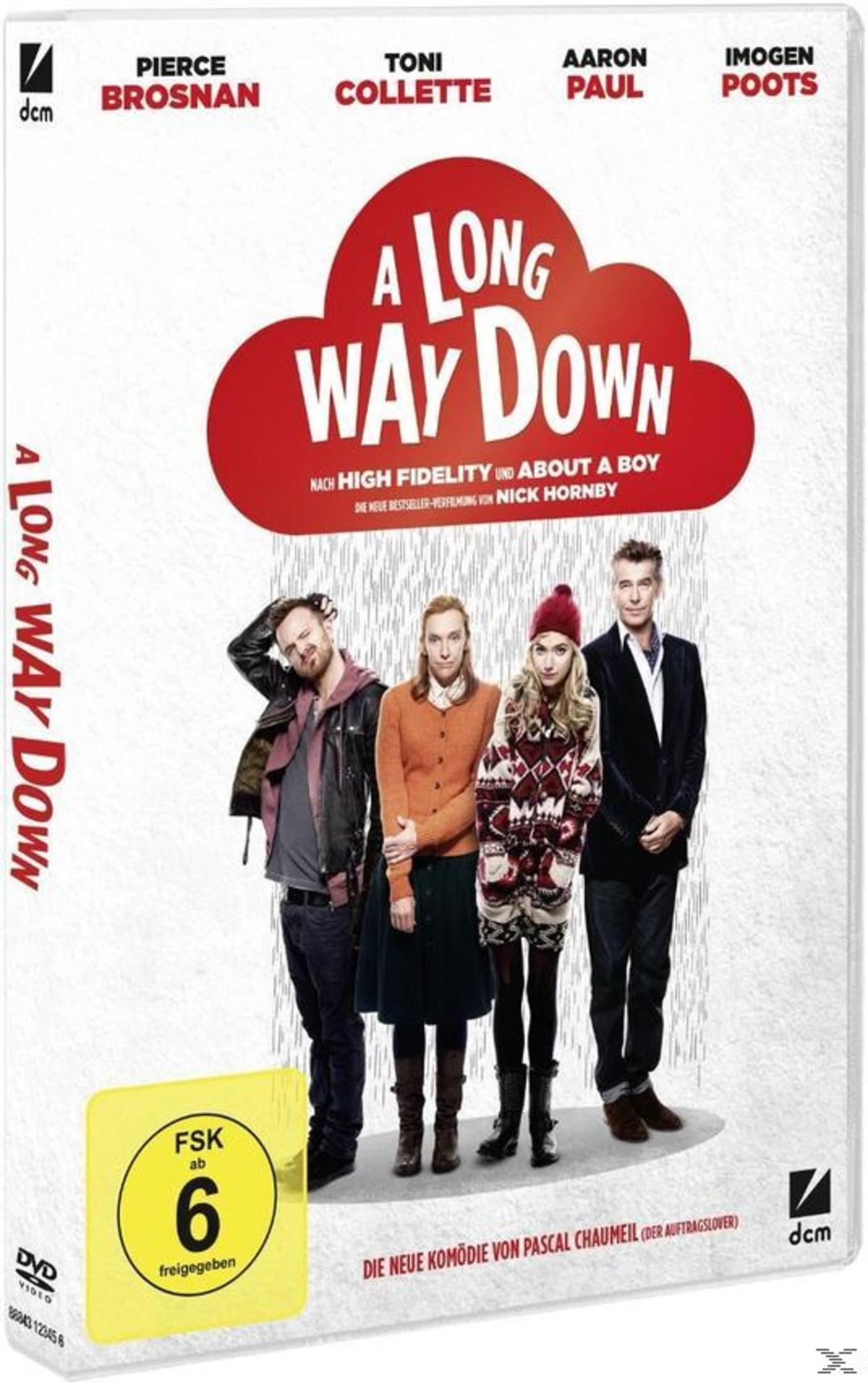 DVD-Cover von A Long Way Down mit vier Schauspielern unter einer roten Wolke im Regen.