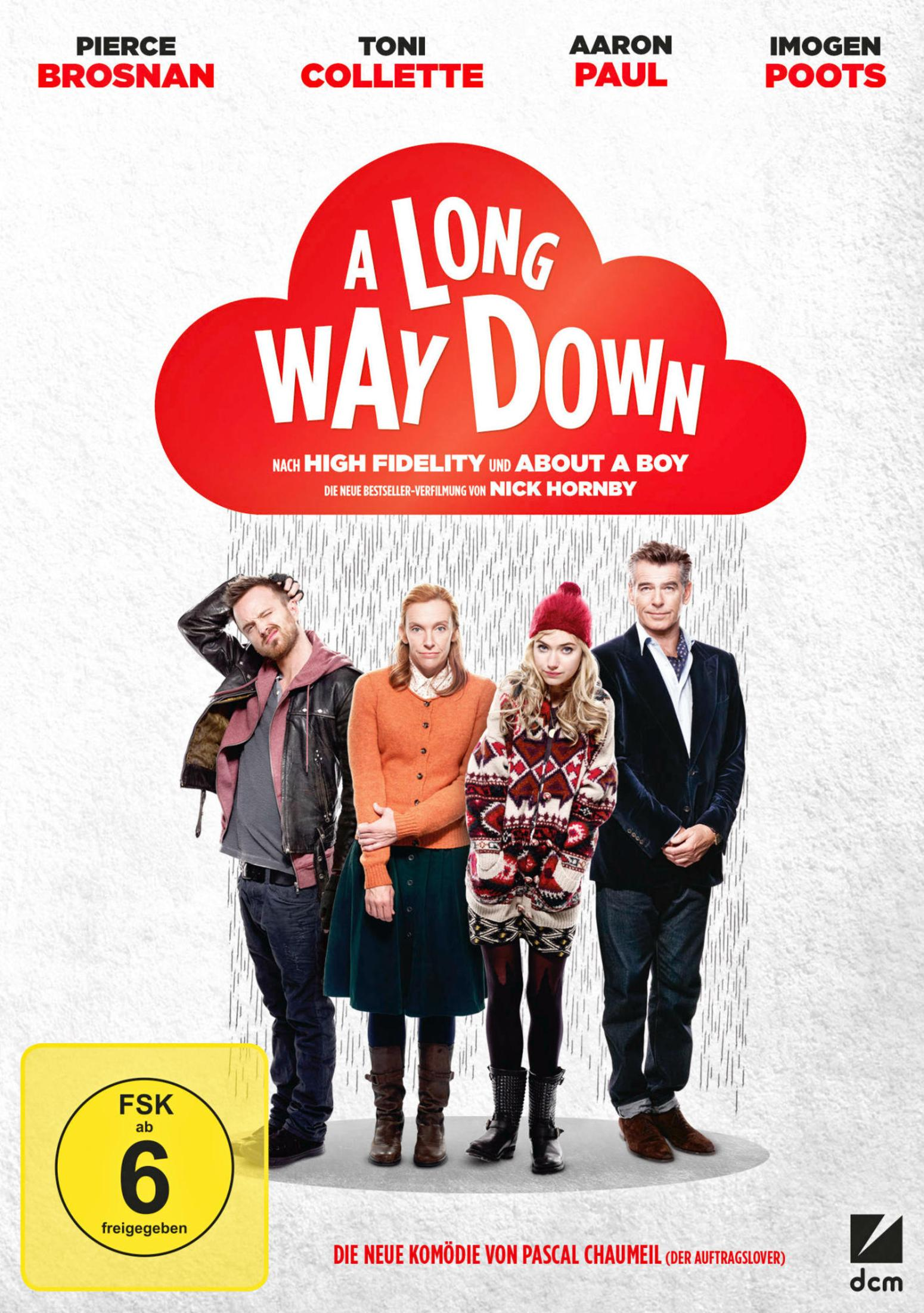 Filmposter für A Long Way Down mit vier Personen unter einer roten Wolke im Regen.