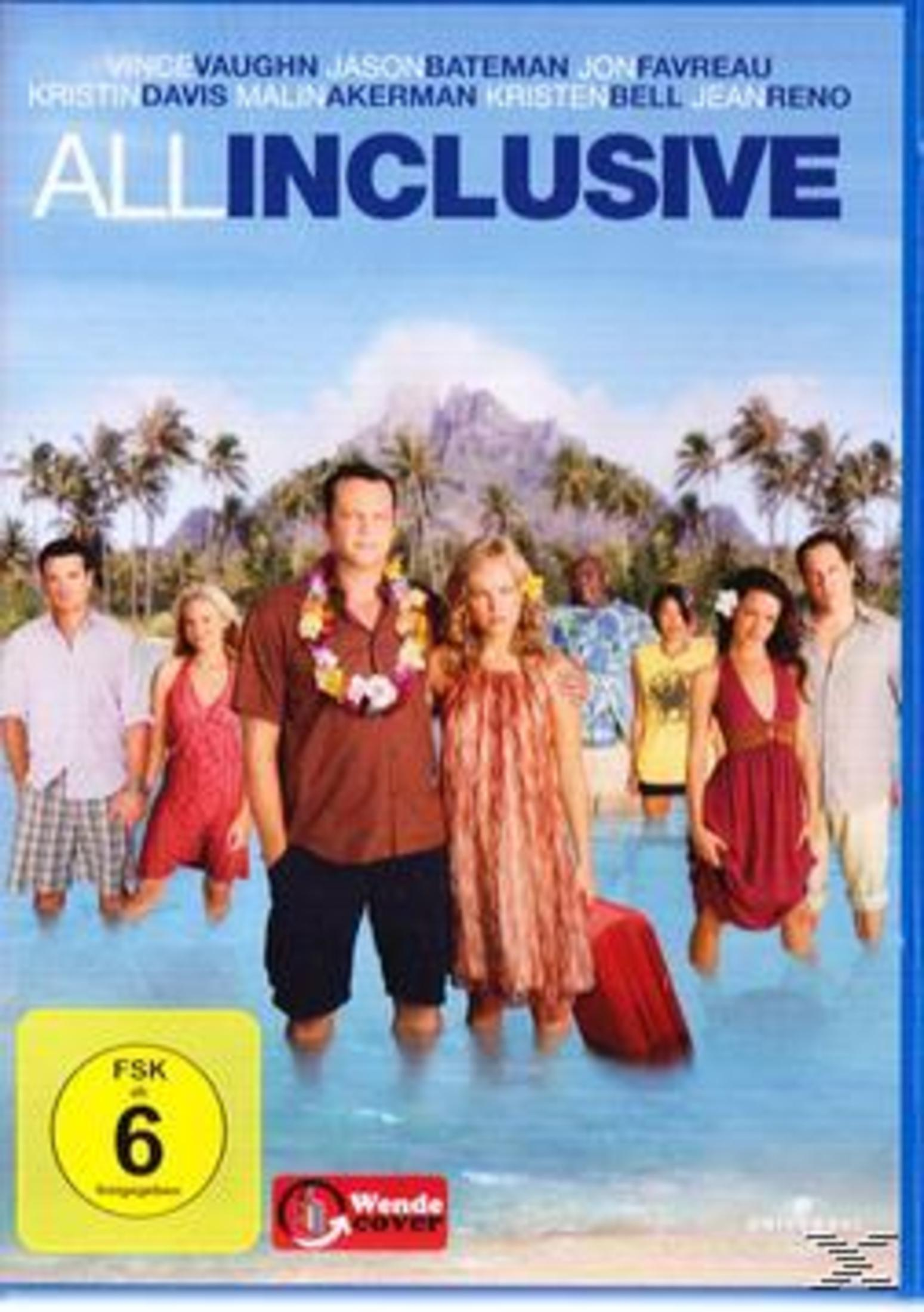 DVD-Cover des Films All Inclusive, zeigt sieben Personen im flachen Wasser vor einer tropischen Insel mit Palmen.