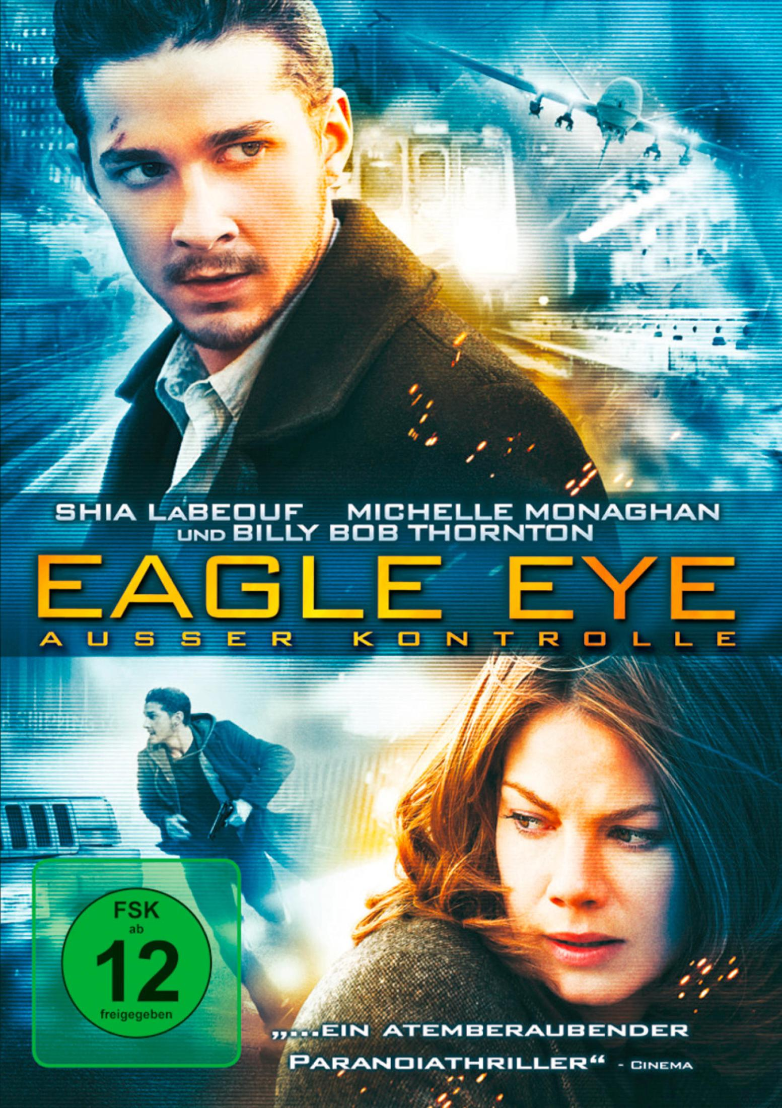 Filmposter von Eagle Eye mit Shia LaBeouf und Michelle Monaghan vor einer bläulichen Kulisse.